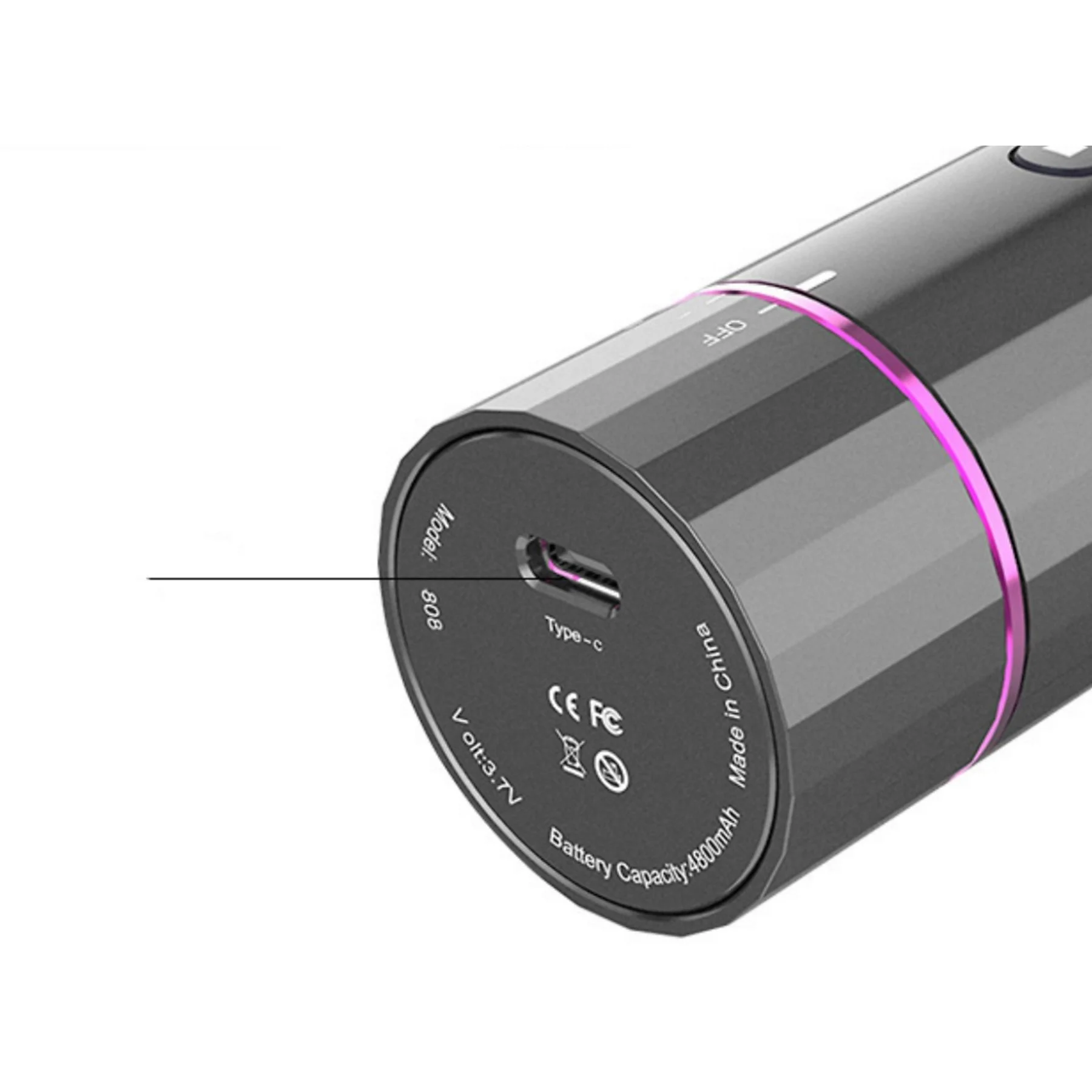 Nahaufnahme des Sockels eines Lockenwicklers mit Ladeanschluss und Batterieinformationen.