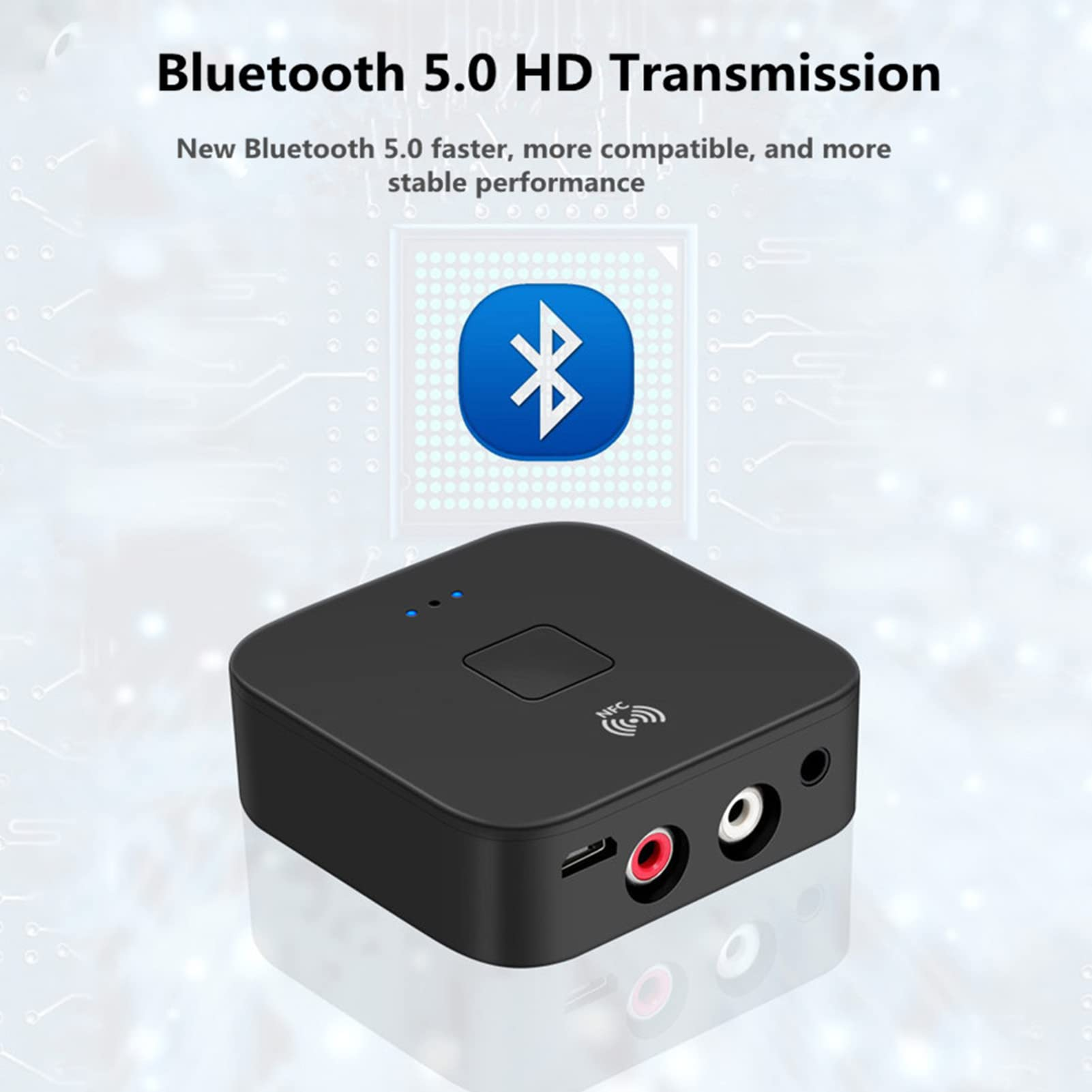 Schwarzer quadratischer NFC-Bluetooth-Empfänger mit Anschlüssen und Text, mit Bluetooth-Logo.