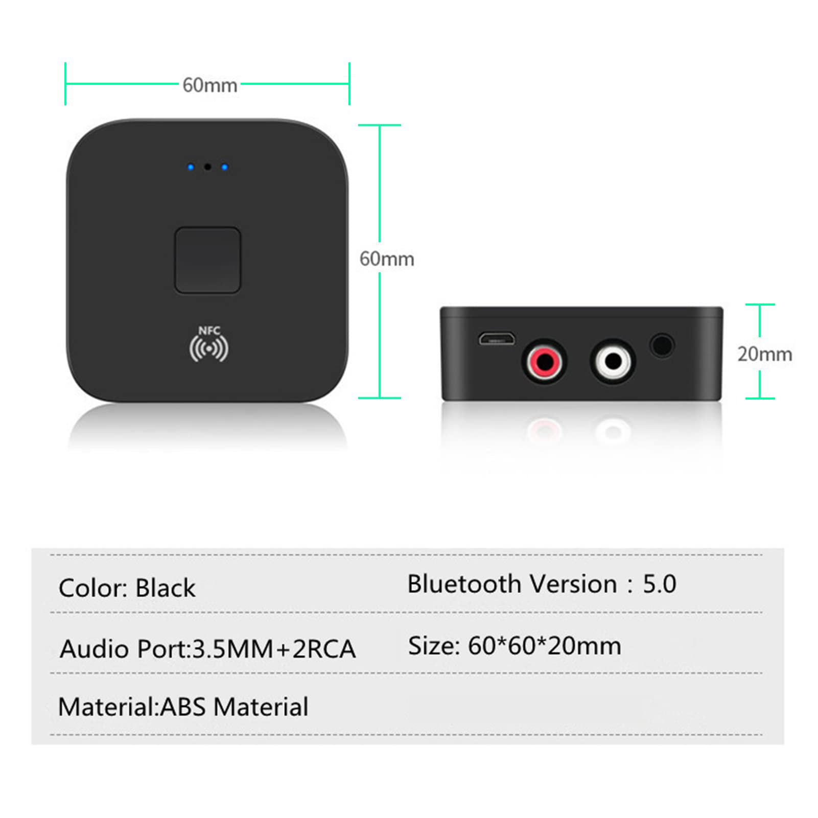 Schwarzer quadratischer NFC-Bluetooth-Empfänger mit Abmessungen und Spezifikationen.