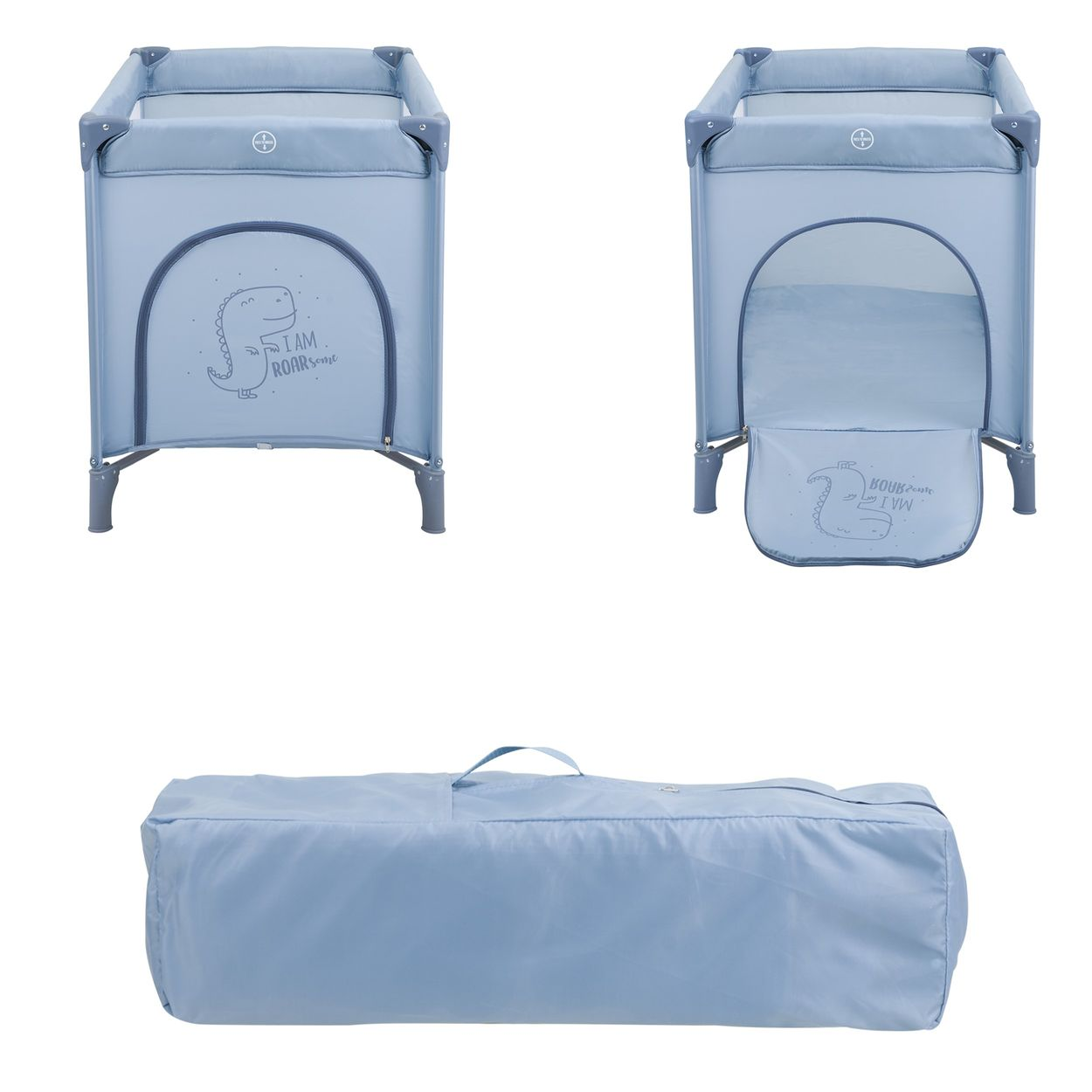 Drei Ansichten eines Baby-Reisebetts und einer gefalteten blauen Reisetasche.
