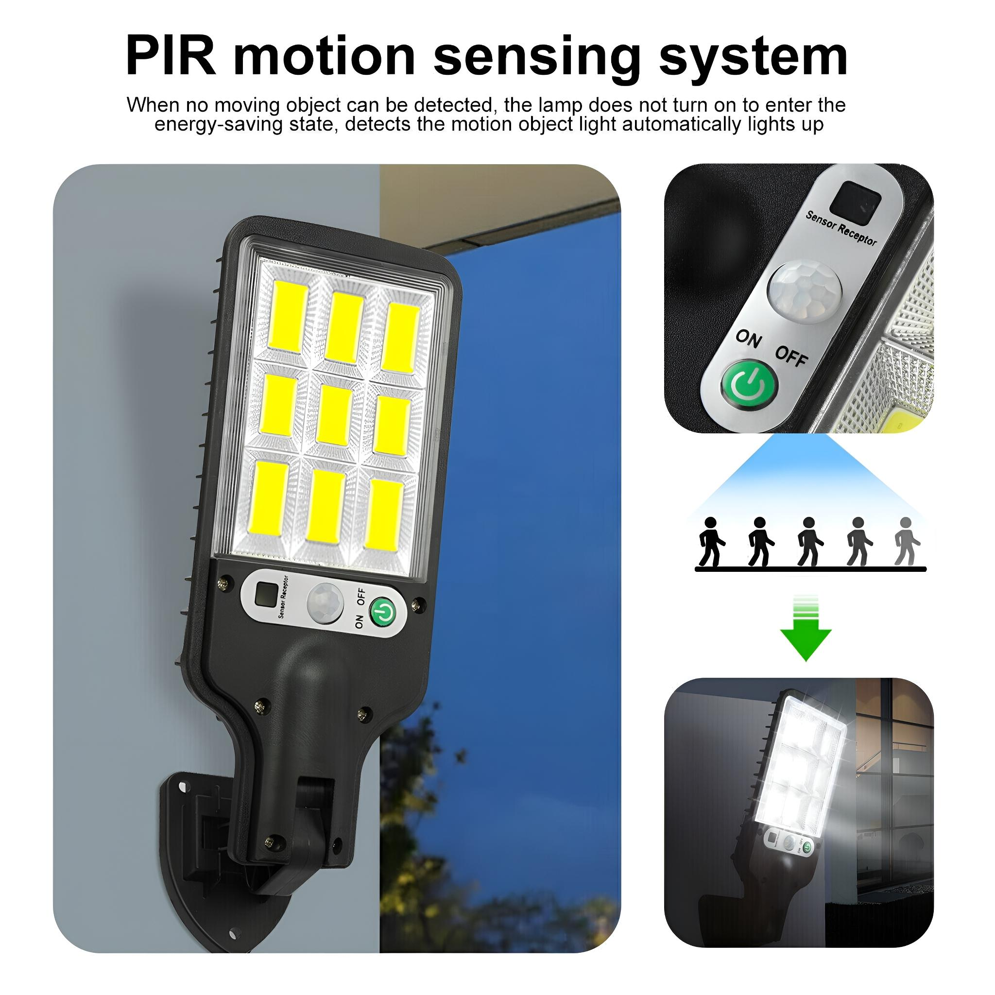 Solarlicht mit Bewegungssensor. Erkennt Bewegung und leuchtet auf. Hat Ein/Aus-Schalter und Sensor.