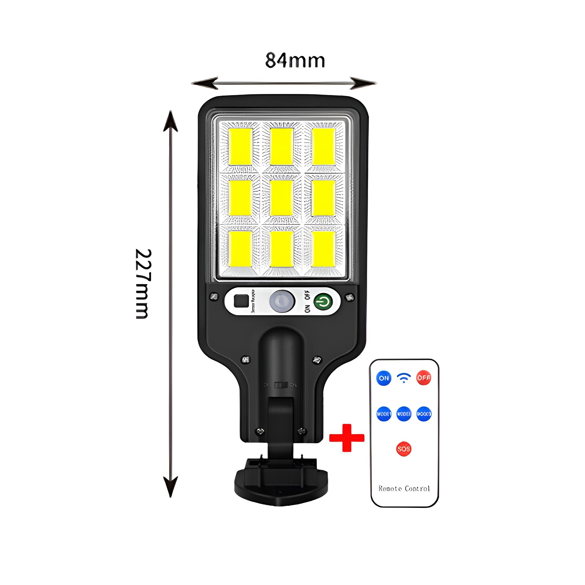 Solarlicht mit Abmessungen und Fernbedienung. Die Leuchte ist schwarz, hat einen Ein/Aus-Knopf und ist 227mm lang.