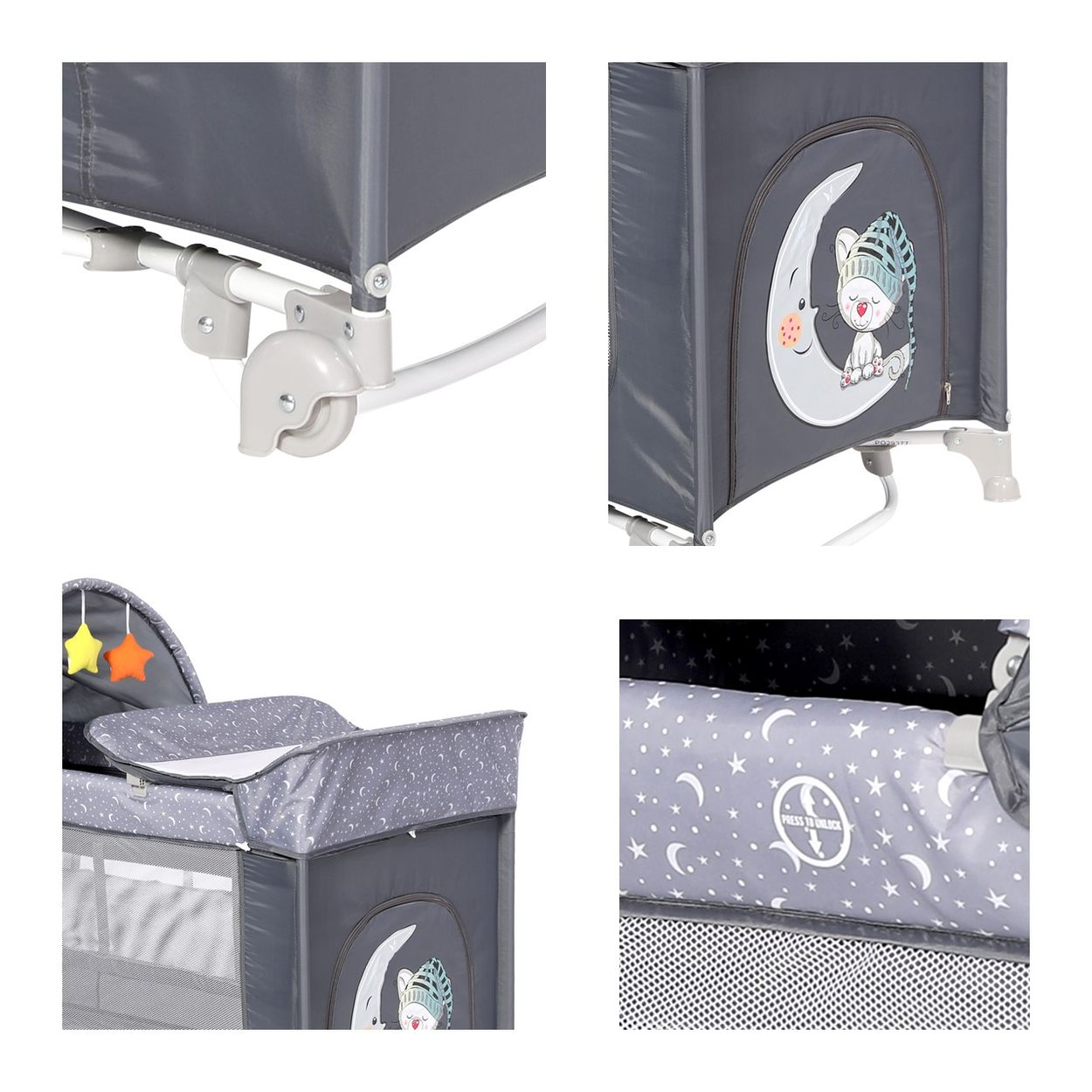 Baby-Reisebett mit Mond- und Sternen-Design. Zeigt Details, einschließlich Räder und Wickelstation.