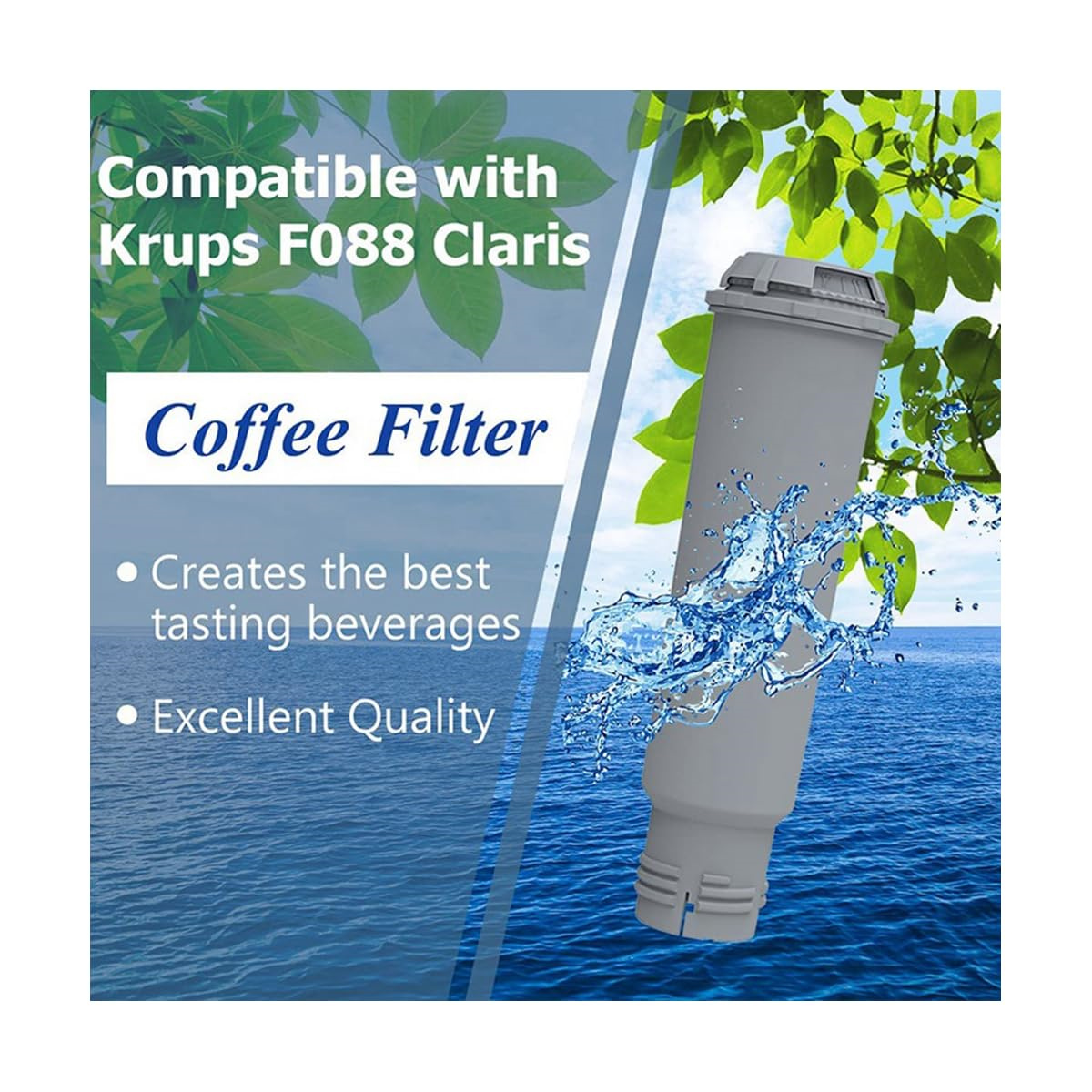 Ein Kaffeefilter mit Text über die Zubereitung der besten Getränke. Wasser und Blätter im Hintergrund.