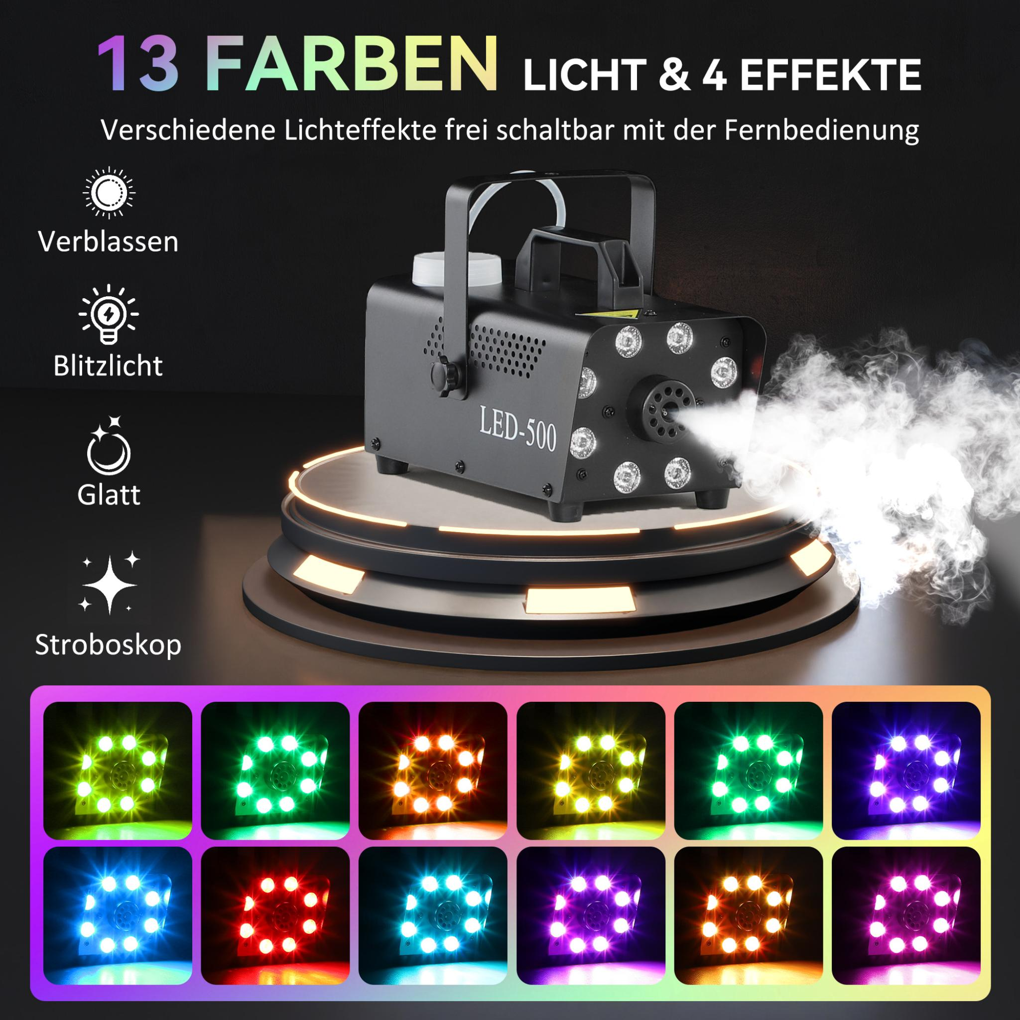 Schwarze Nebelmaschine, bunte Lichter, weißer Hintergrund, Text auf Deutsch.