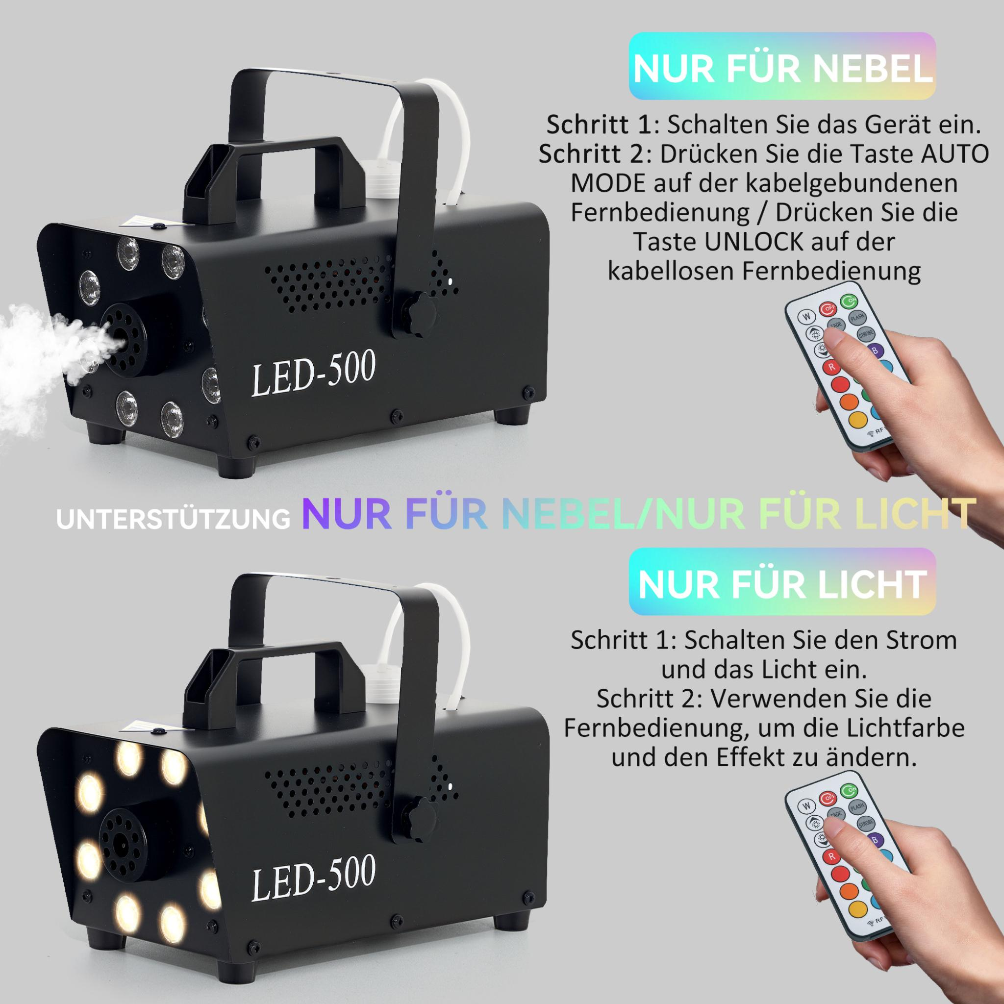 Zwei schwarze Nebelmaschinen und zwei Fernbedienungen. Anweisungen auf Deutsch: 'Nur für Nebel' und 'Nur für Licht'.