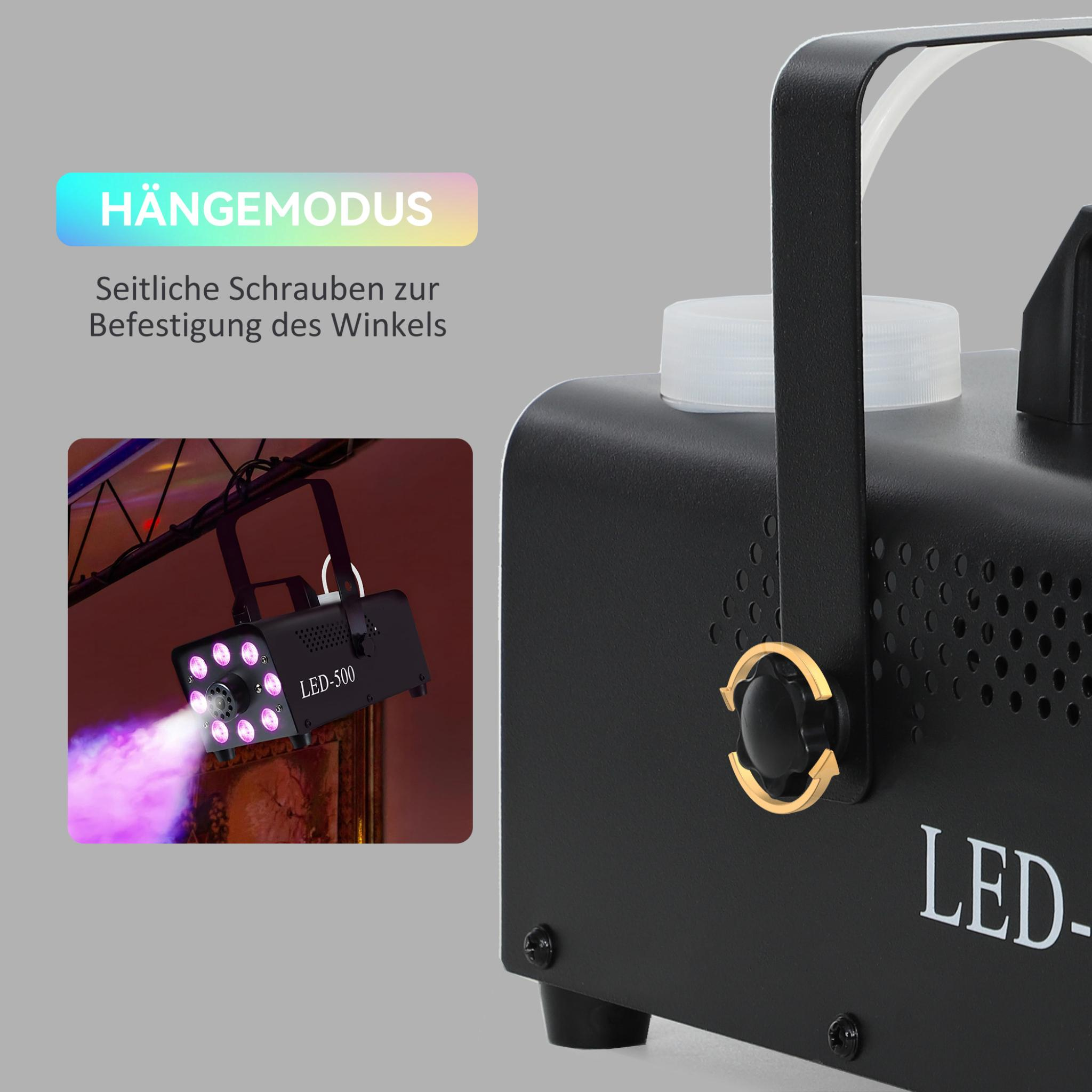 Nebelmaschine, beschriftet LED-500, mit Anleitung für den Hängemodus.  Lila Nebel tritt aus.