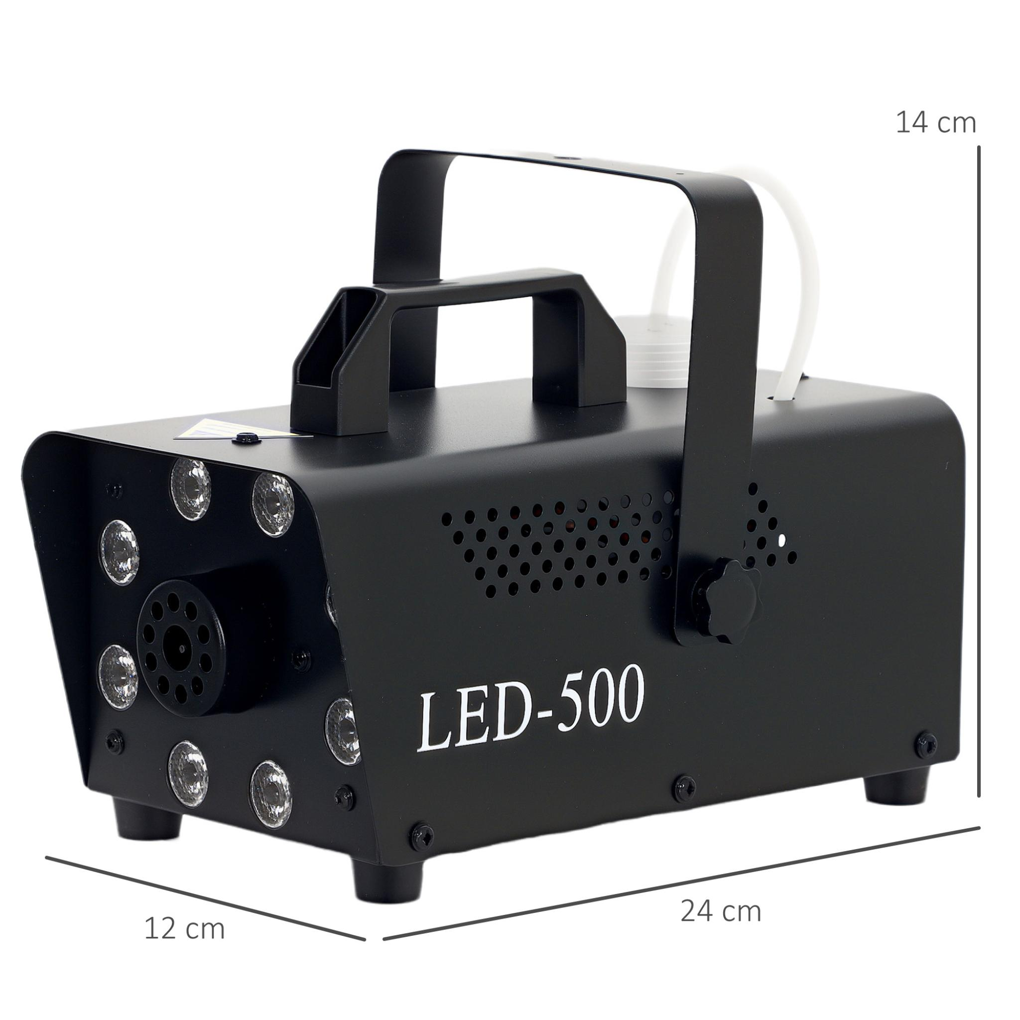 Eine schwarze Nebelmaschine, beschriftet mit LED-500, mit Abmessungen und Maßen an der Seite.
