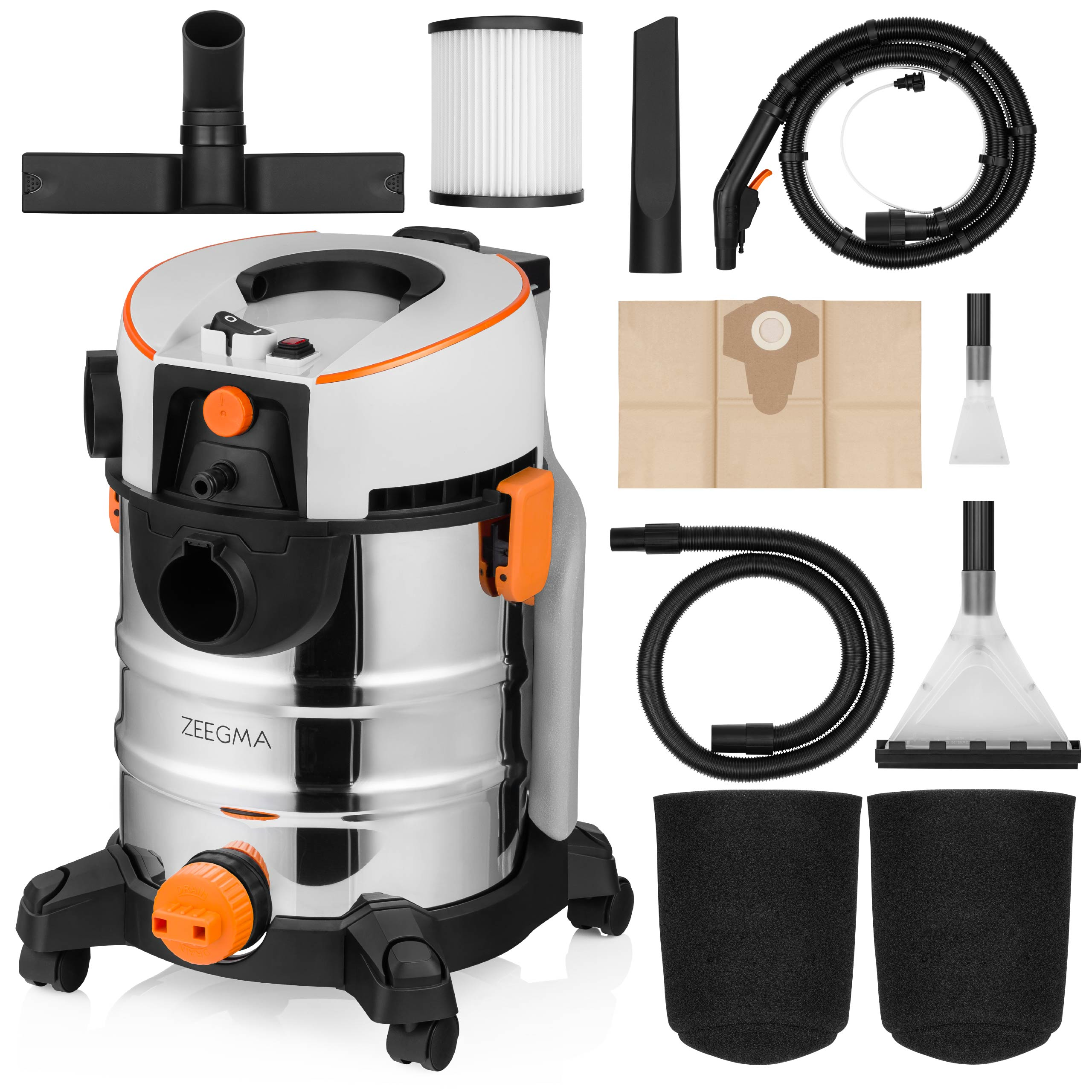 Odkurzacz z akcesoriami. Obudowa ze stali nierdzewnej, czarna podstawa, pomarańczowe akcenty, akcesoria.