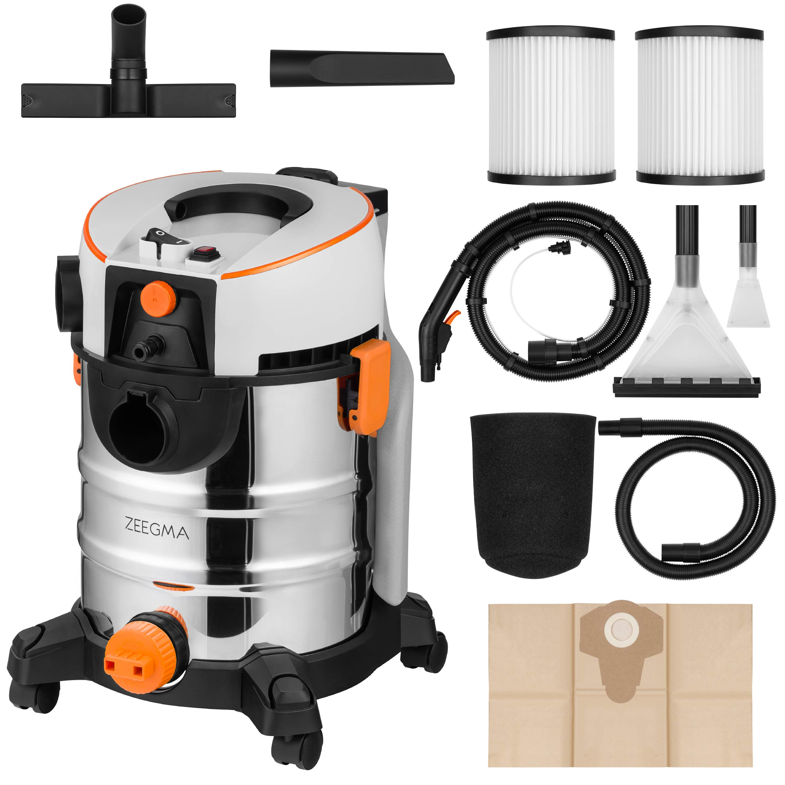 Odkurzacz z różnymi nasadkami i filtrami ułożonymi wokół niego.