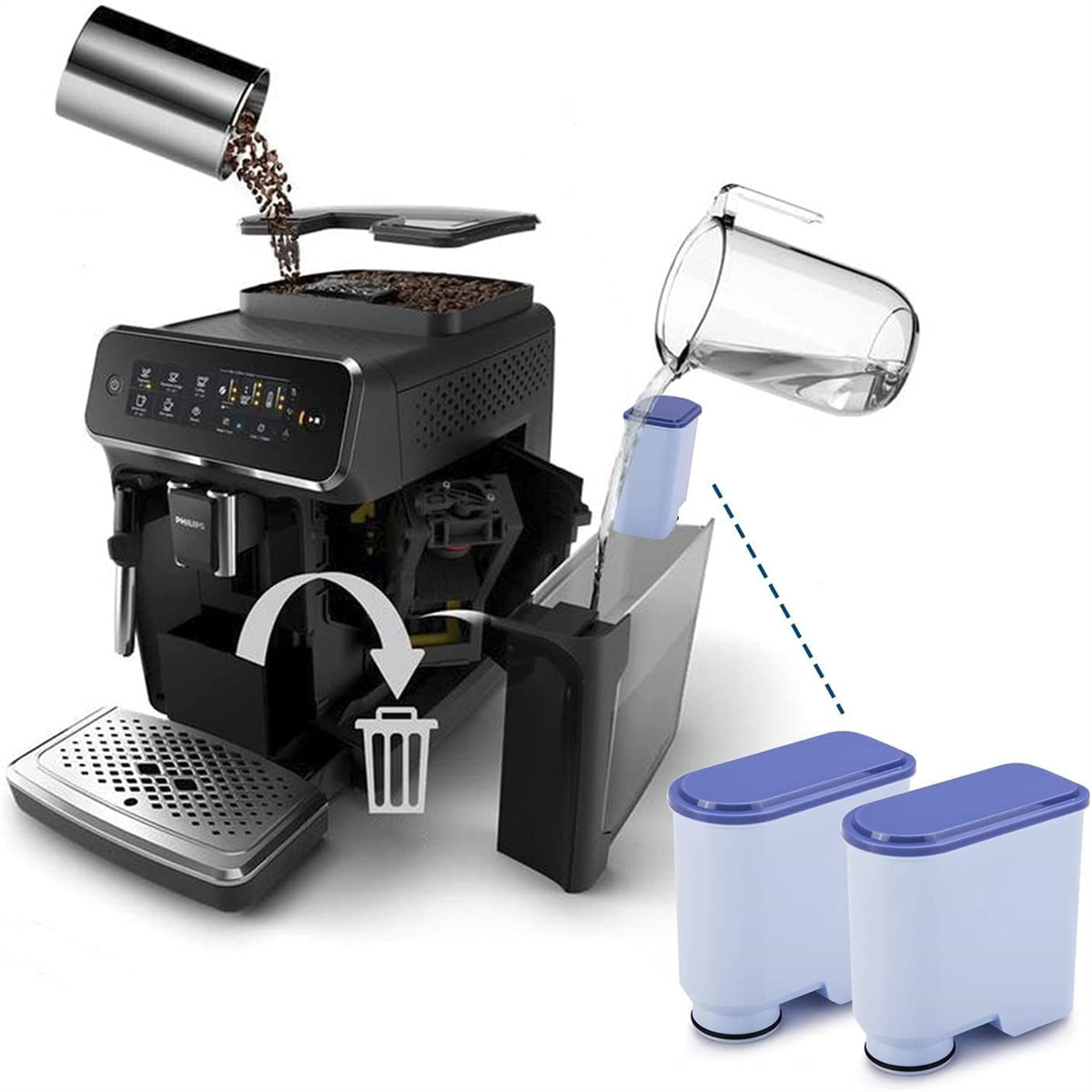 Kaffeemaschine mit Bohnen und Wasser, das eingefüllt wird. Filter werden unten, in der Nähe des Mülleimers, angezeigt.