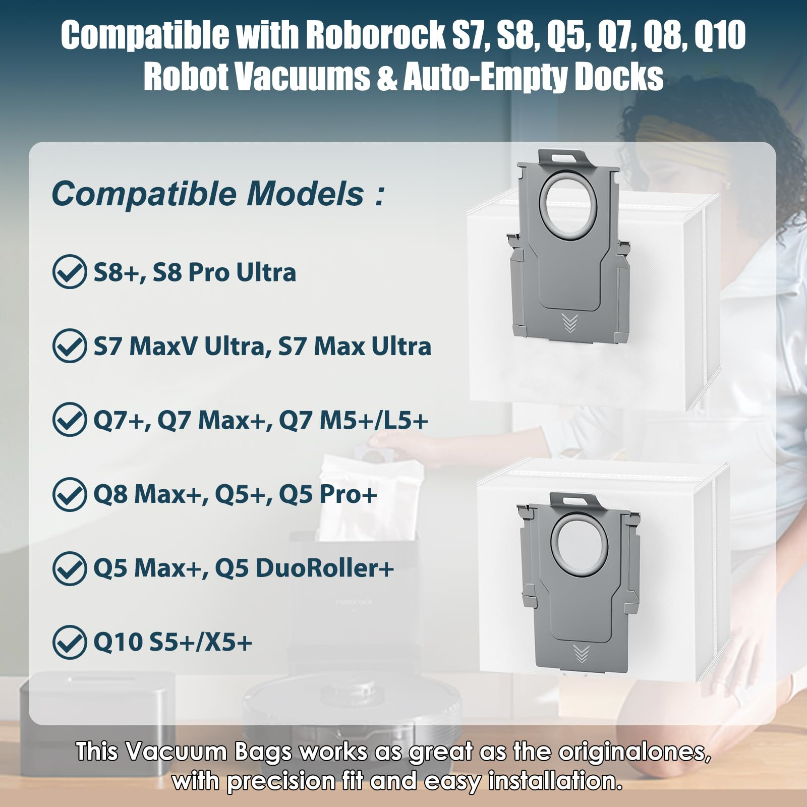 Staubsaugerbeutel kompatibel mit Roborock-Staubsaugern, einschließlich mehrerer aufgeführter Modelle. Die Beutel sind in einer Box.