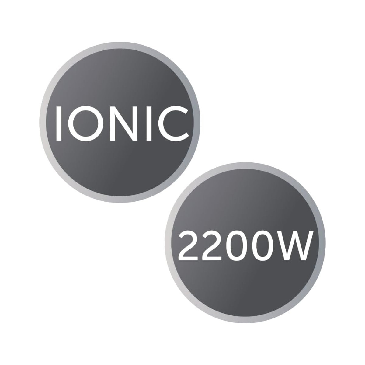 Zwei graue Kreise auf weißem Hintergrund. Einer hat 'IONIC', der andere '2200W' in Weiß.