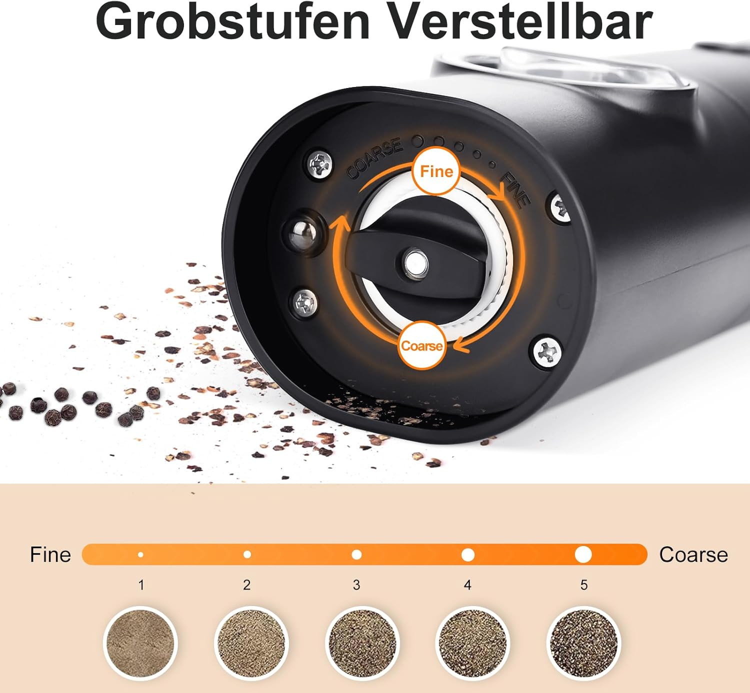 Nahaufnahme der Mahleinstellungs eines Pfeffermühlen. Es gibt Einstellungen für fein und grob.