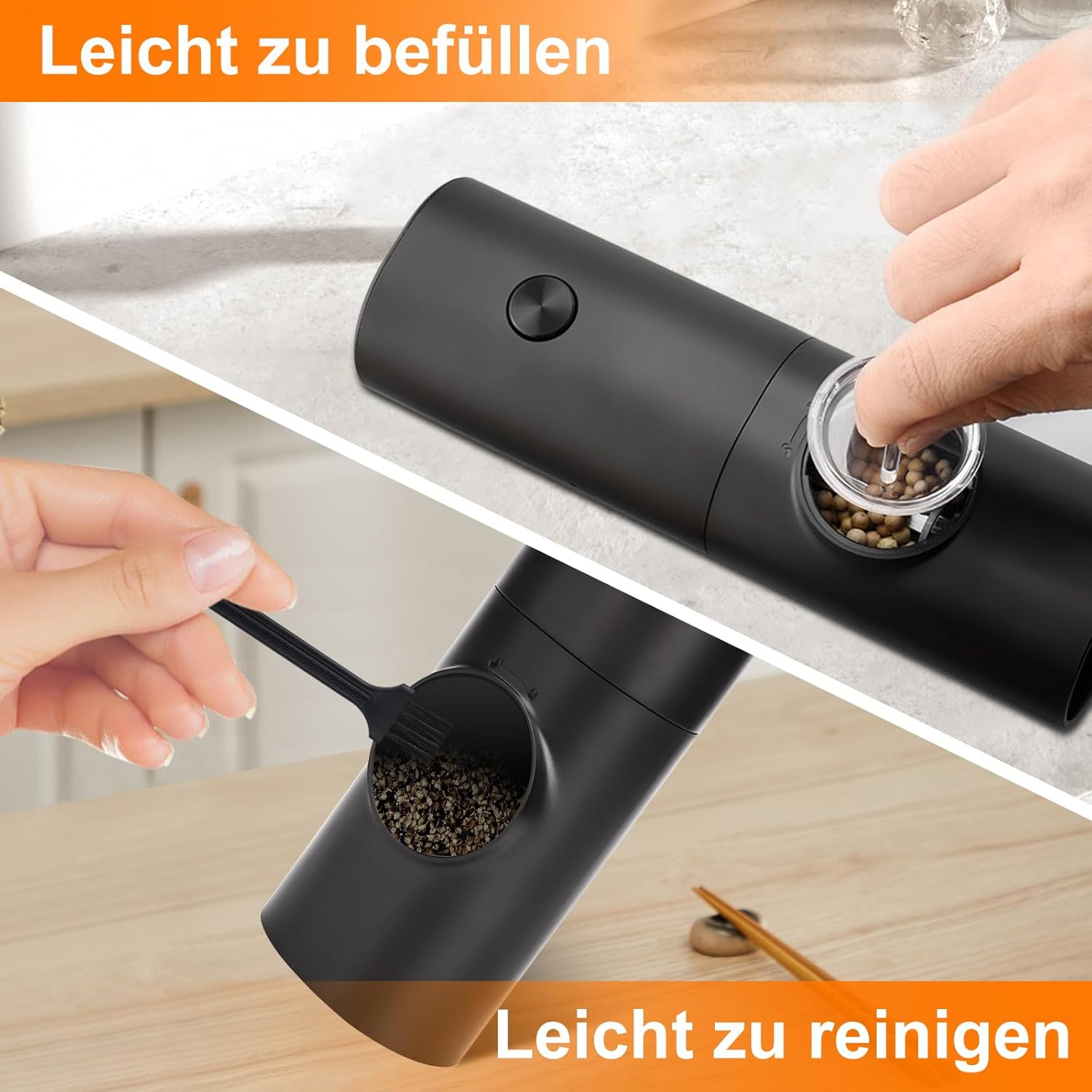Zwei Bilder, die zeigen, wie eine schwarze Pfeffermühle gefüllt und gereinigt wird. Text auf Deutsch und Englisch.