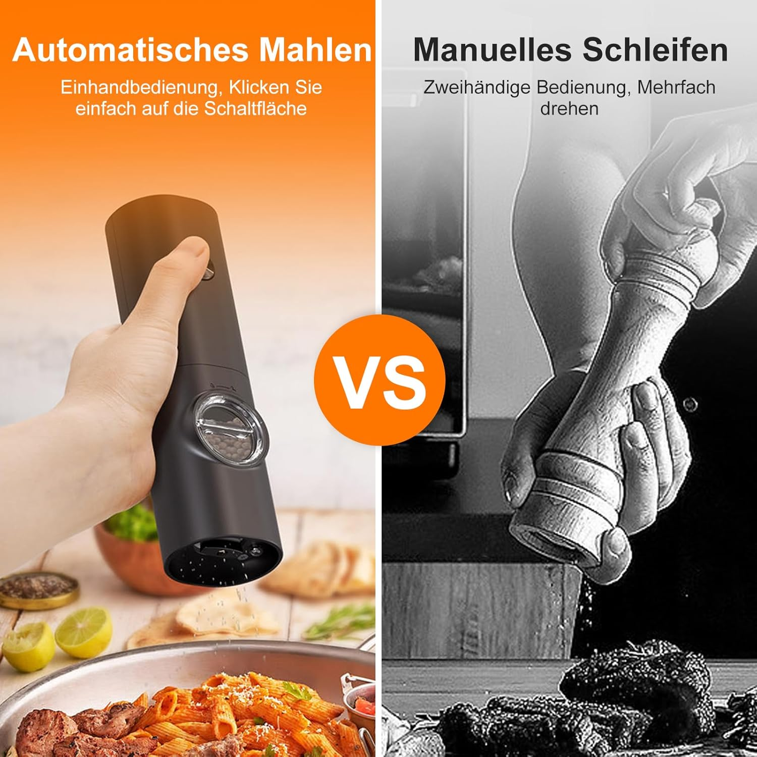 Bild, das automatisches und manuelles Pfefferschleifen zeigt. Eine schwarze Pfeffermühle vs. eine hölzerne. Essen und Text vorhanden.