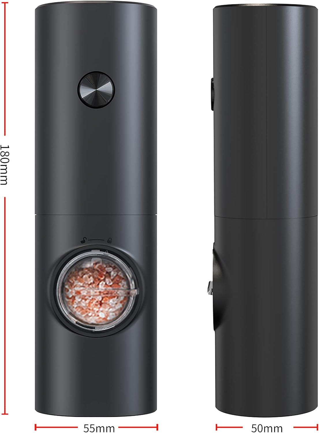 Ein schwarzer Grinder wird aus zwei Winkeln gezeigt, mit Abmessungen in Millimetern. Er hat einen Acrylbehälter.