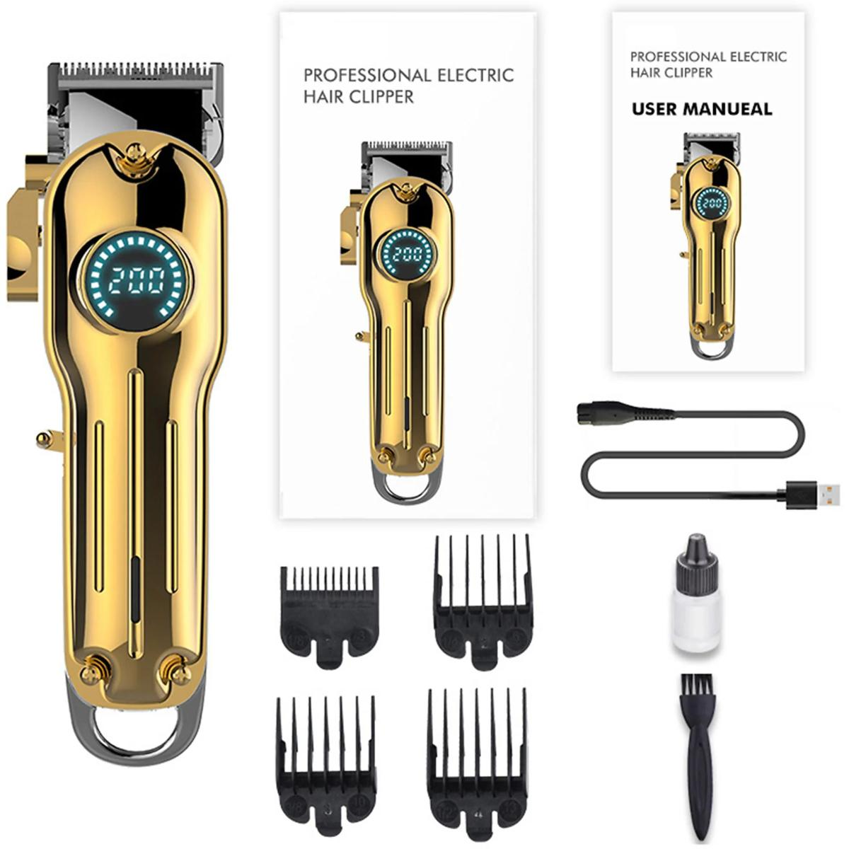 Goldener Haarschneider mit Zubehör: Kammaufsätze, Öl, Bürste und Ladekabel.
