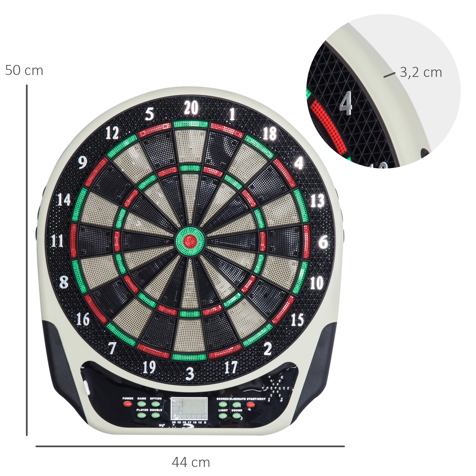 Eine Dartscheibe mit Zahlen und Farbsegmenten. Abmessungen von 50 cm x 44 cm und ein Detail von 3,2 cm.