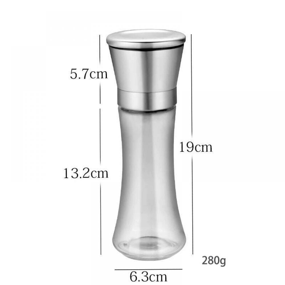 Transparente Pfeffermühle mit den Maßen: 19cm Höhe, 6,3cm Breite, 280g Gewicht.