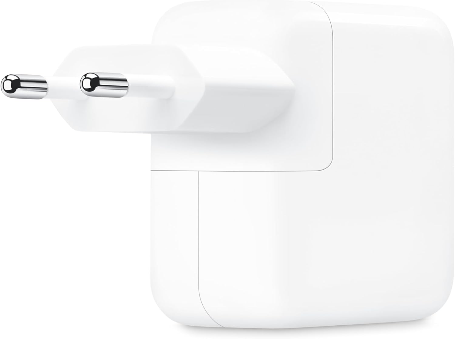 Weißes Apple-Ladegerät mit zwei Metallstiften.