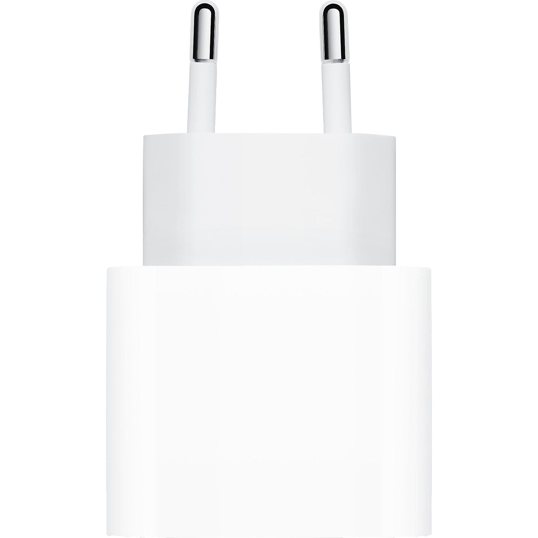 Ein weißer Wandstecker mit zwei silbernen Stiften. Der Stecker besteht aus zwei gestapelten Rechtecken.