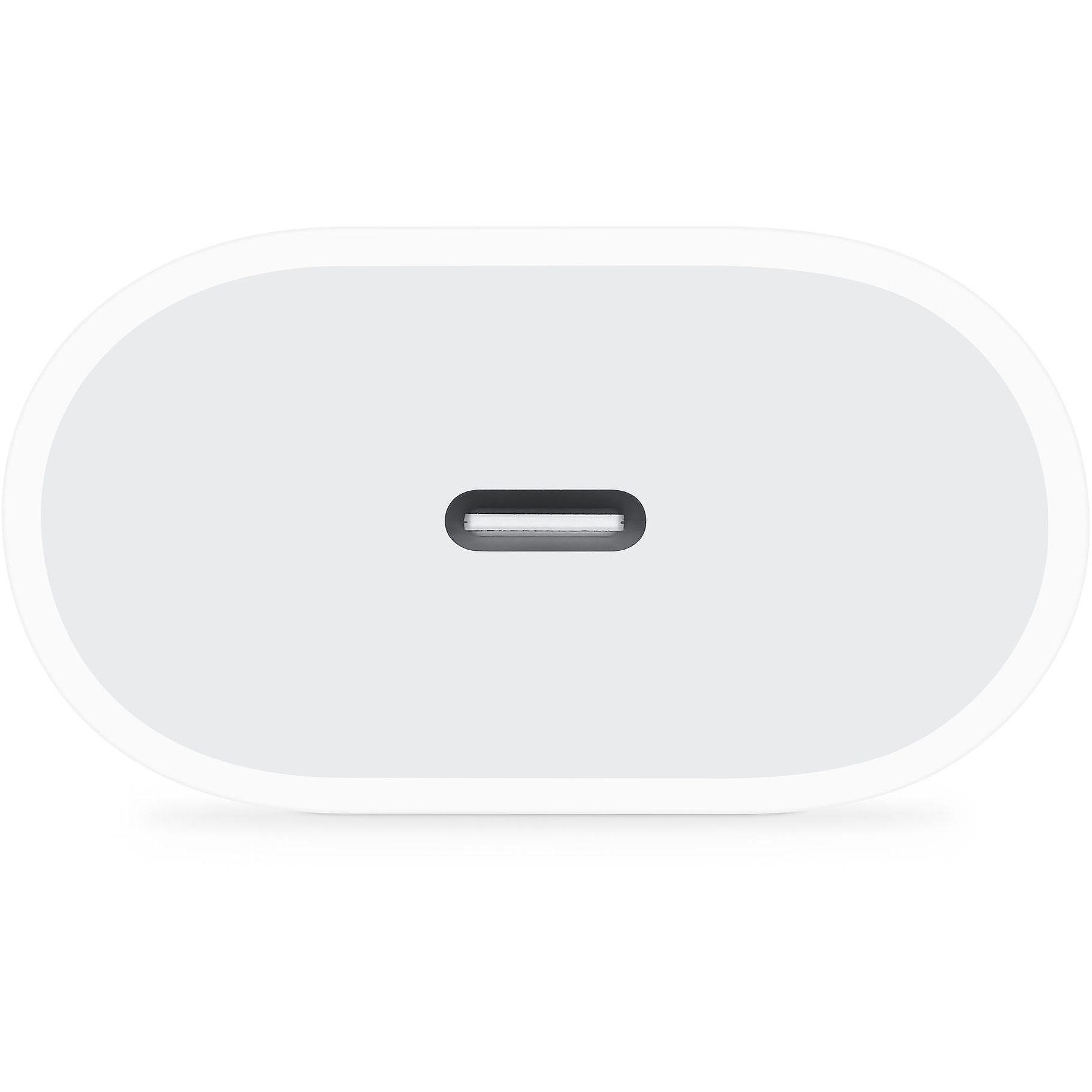 Ein weißer USB-C-Ladeanschluss auf weißem Hintergrund.