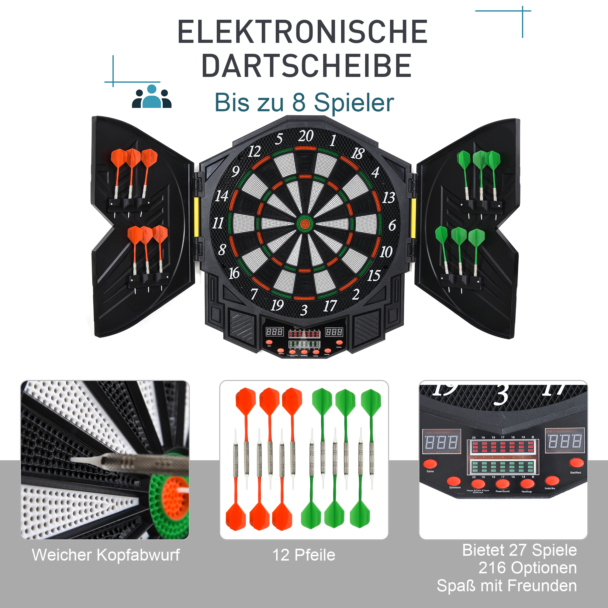 Elektronische Dartscheibe mit einem Dart im Bullseye, umgeben von Darts und Zubehör.