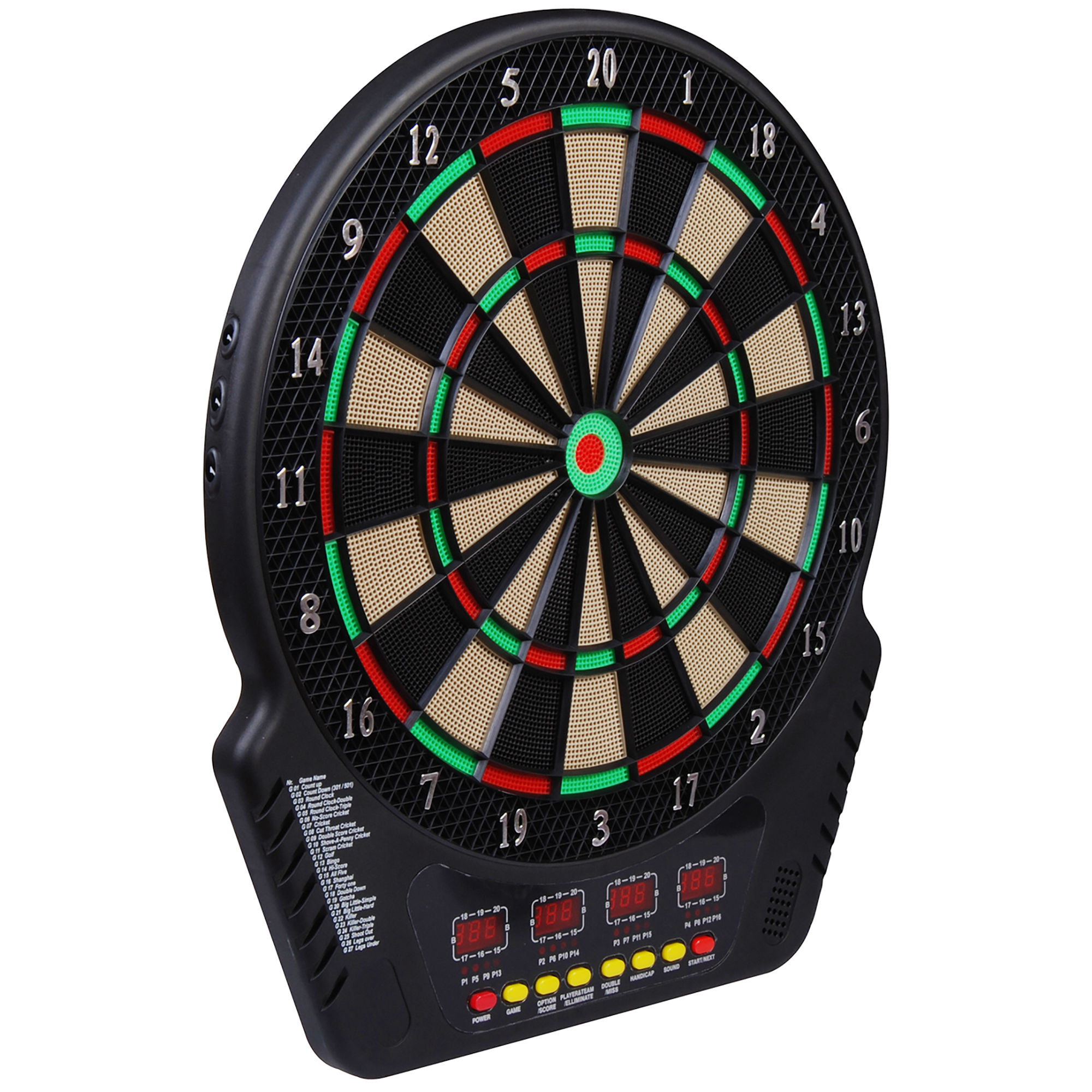 Elektronische Dartscheibe, schwarz, mit roten, grünen und beigen Abschnitten. Inklusive LED-Anzeige.