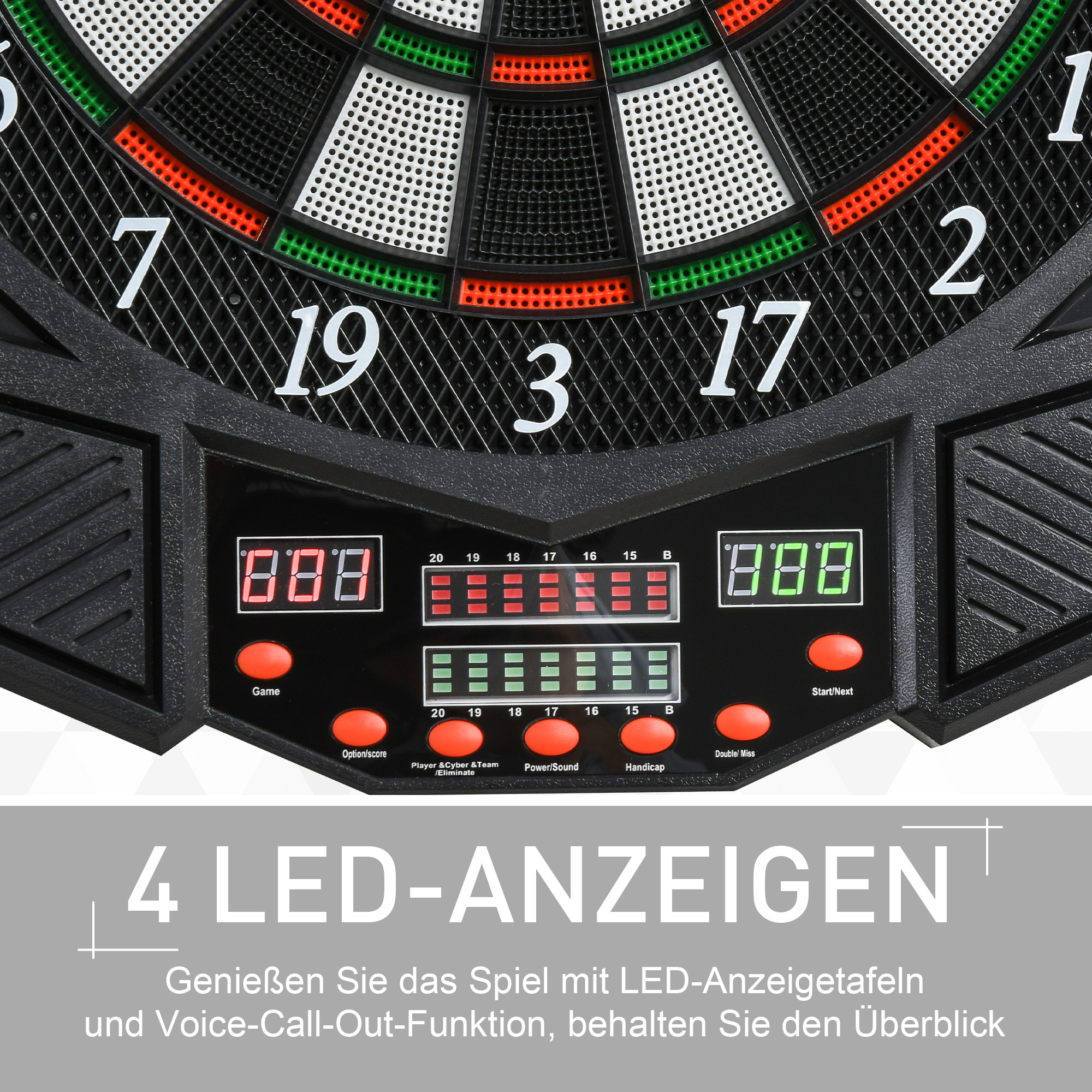 Nahaufnahme der elektronischen Dartscheibe. Zeigt die Punktestände und Knöpfe. Text: '4 LED-Anzeigen'.