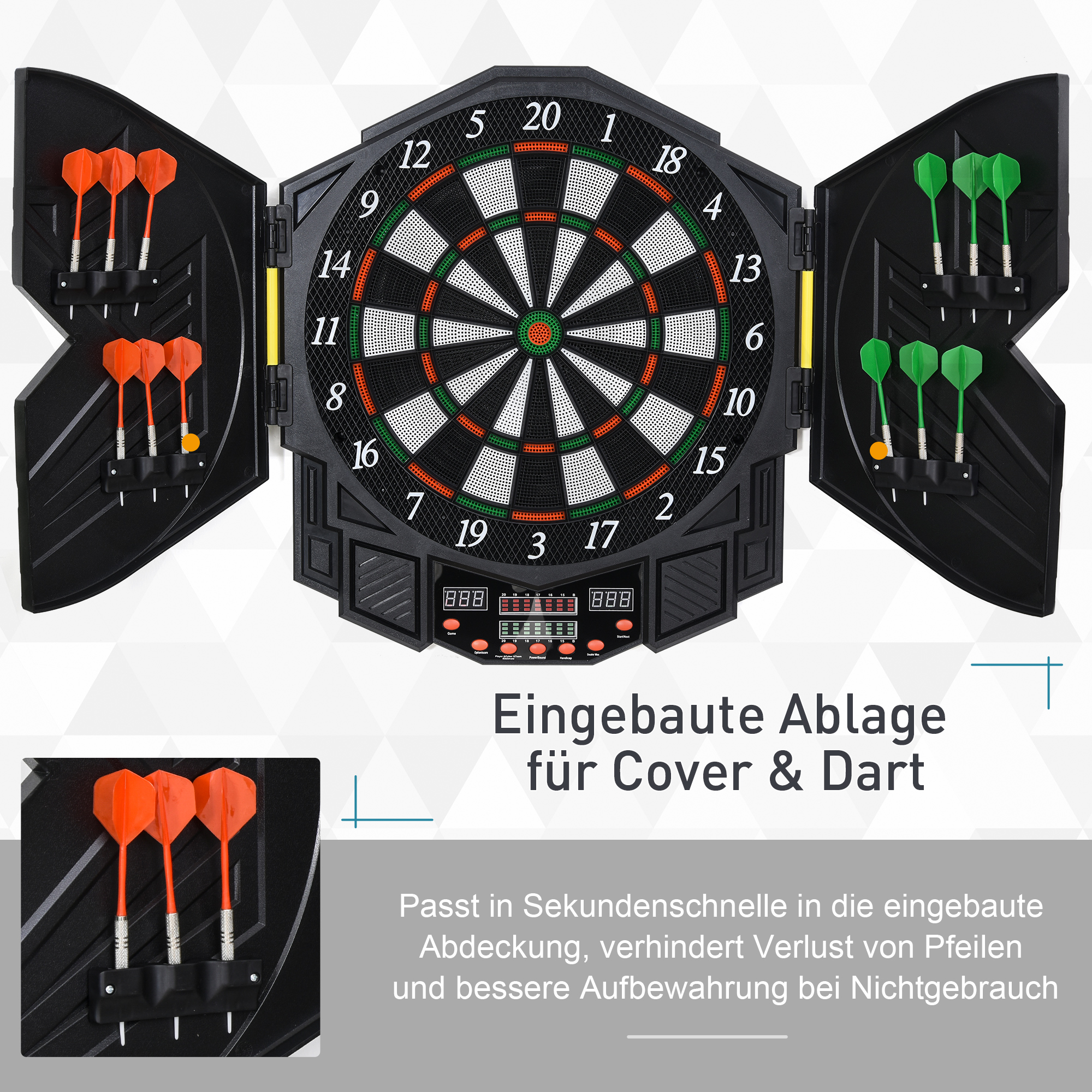 Dartscheibe mit Türen. Darts werden in den Türen aufbewahrt, darunter Punktestände.