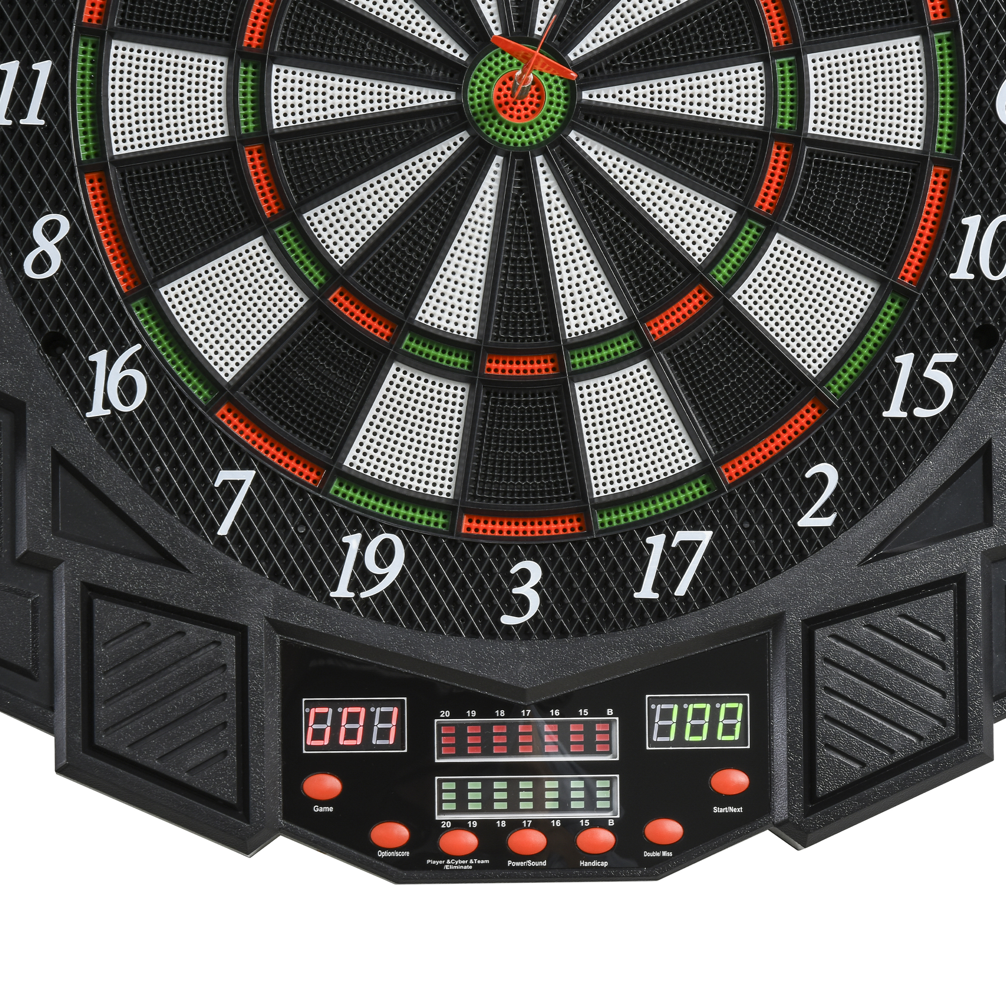 Schwarzes elektronisches Dartboard mit Zahlen, grünen und roten Bereichen und digitaler Anzeige.