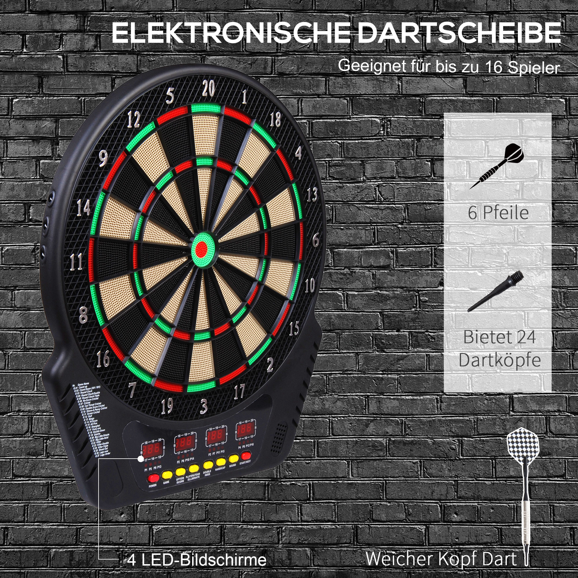 Elektronische Dartscheibe mit Zahlen, schwarzem Rahmen und Display mit Darts und Zubehör.