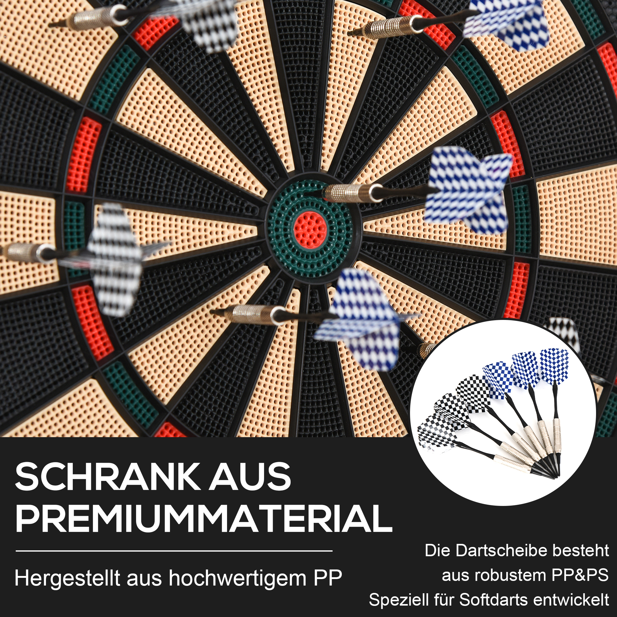 Dartscheibe mit steckenden Darts, zeigt verschiedene Farben und Text über Premiummaterial.