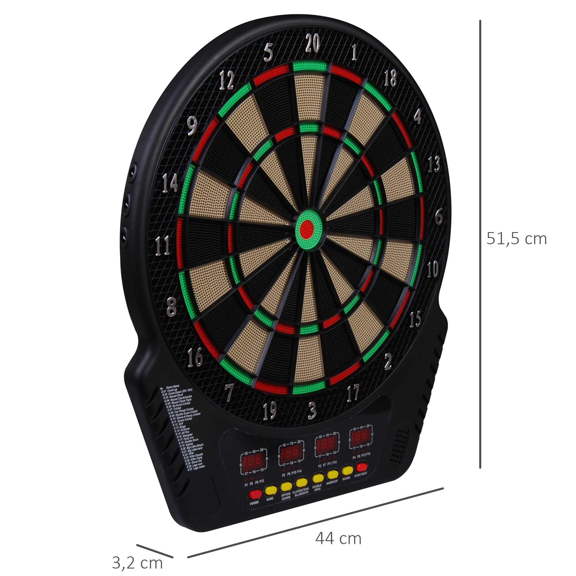 Eine Dartscheibe. Es zeigt ein schwarzes und braunes Ziel mit roten und grünen Abschnitten. Abmessungen werden angezeigt.