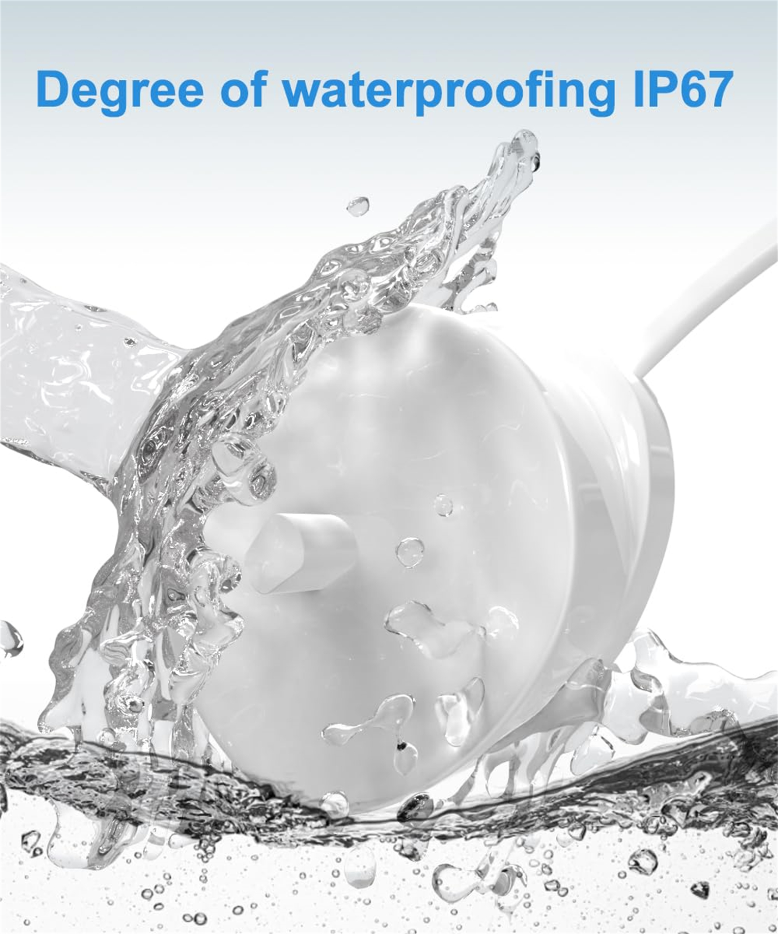 Weißes Zahnbürstenladegerät mit Wasserspritzern. Der Text 'Grad der Wasserdichtigkeit IP67' steht oben.