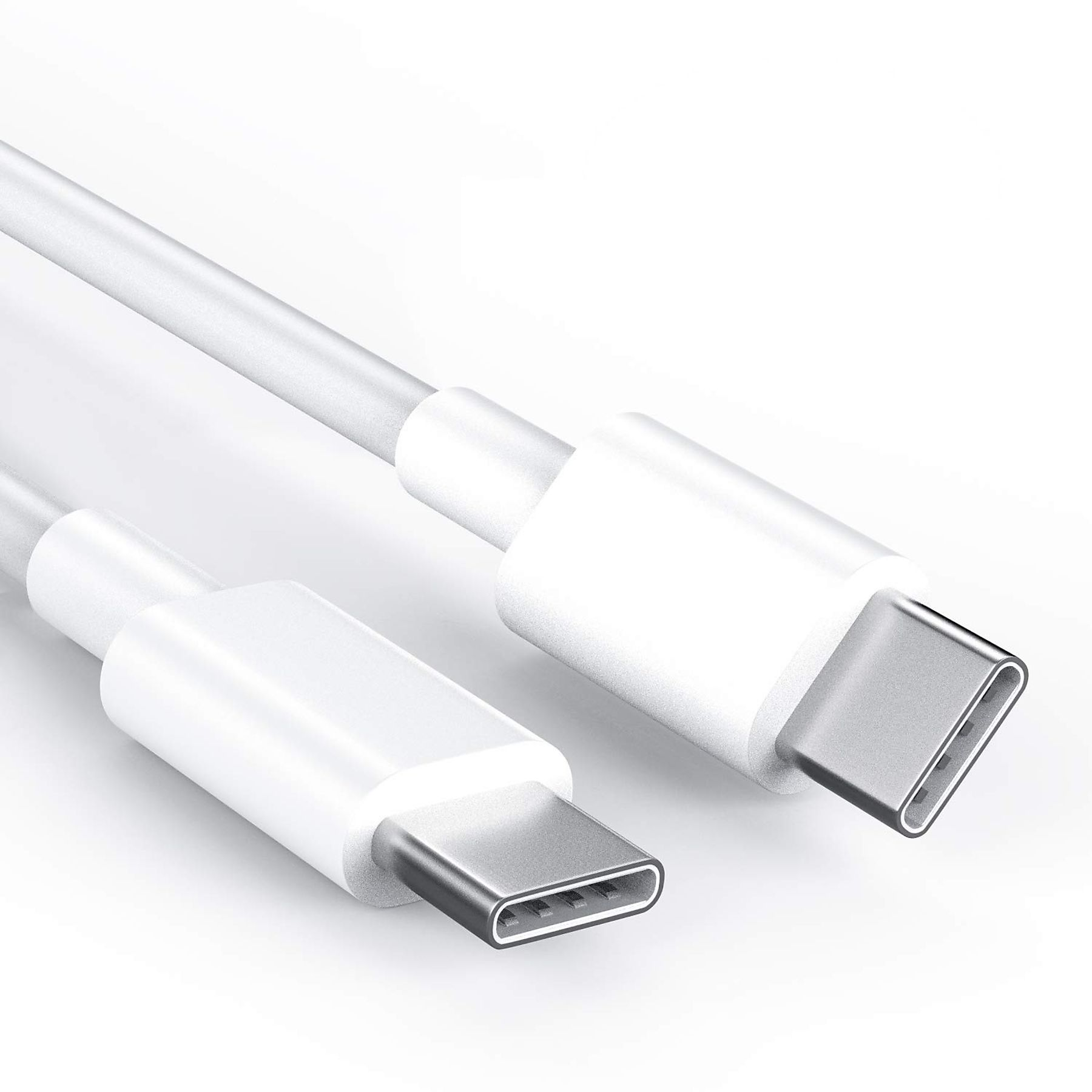 Zwei weiße USB-C-Kabel. Die Anschlüsse sind sichtbar. Der Hintergrund ist weiß.