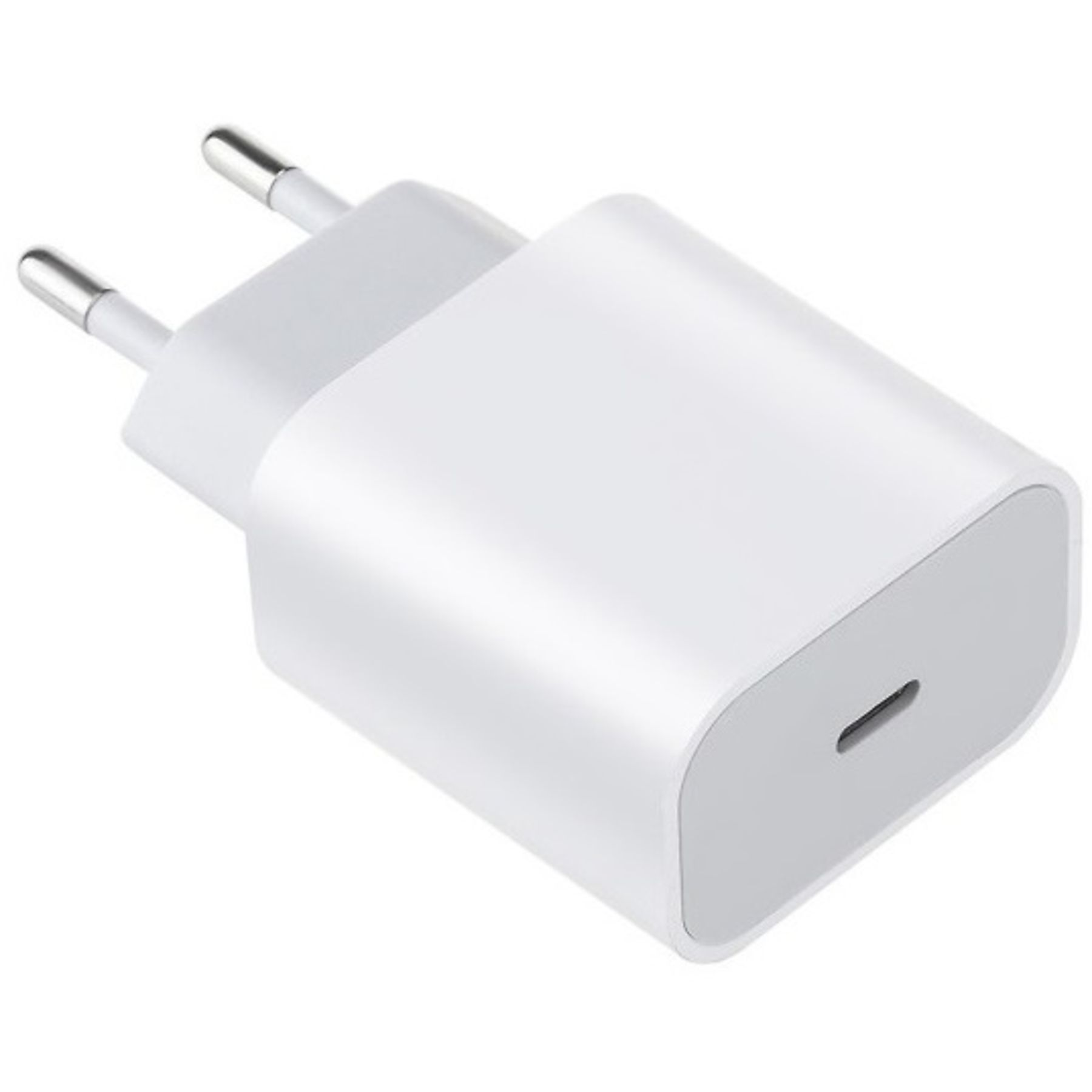Ein weißes Ladegerät mit zwei Stiften. Es hat einen USB-C-Anschluss. Der Hintergrund ist weiß.