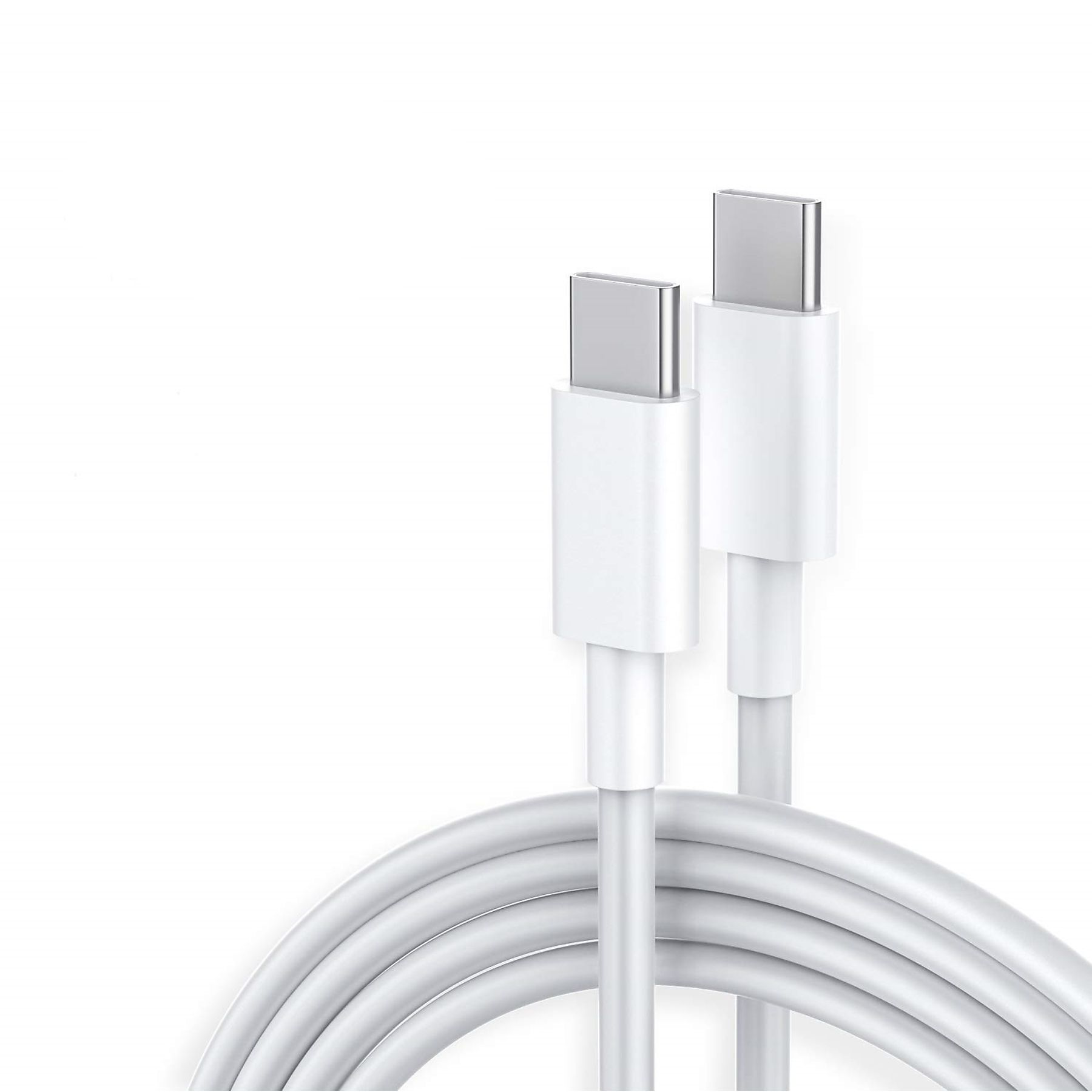 Zwei weiße USB-C-Kabel, die zusammengerollt sind. Die Stecker befinden sich oben, vor weißem Hintergrund.