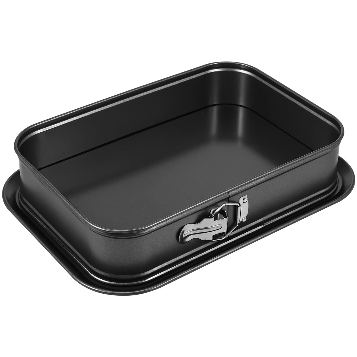 Eine schwarze, rechteckige Kuchenform. Die Form hat einen herausnehmbaren Boden und einen Riegel an der Seite.