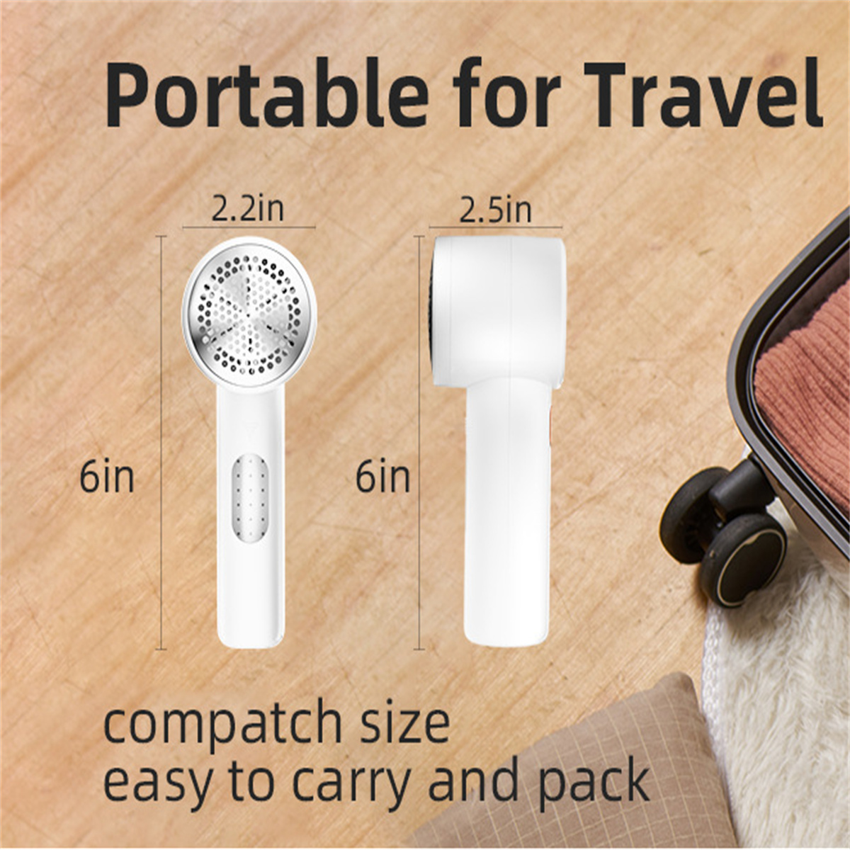 Ein weißer Fusselentferner mit Abmessungen. Text: 'Portable for Travel' und 'kompakte Größe, leicht zu tragen und zu verpacken'.