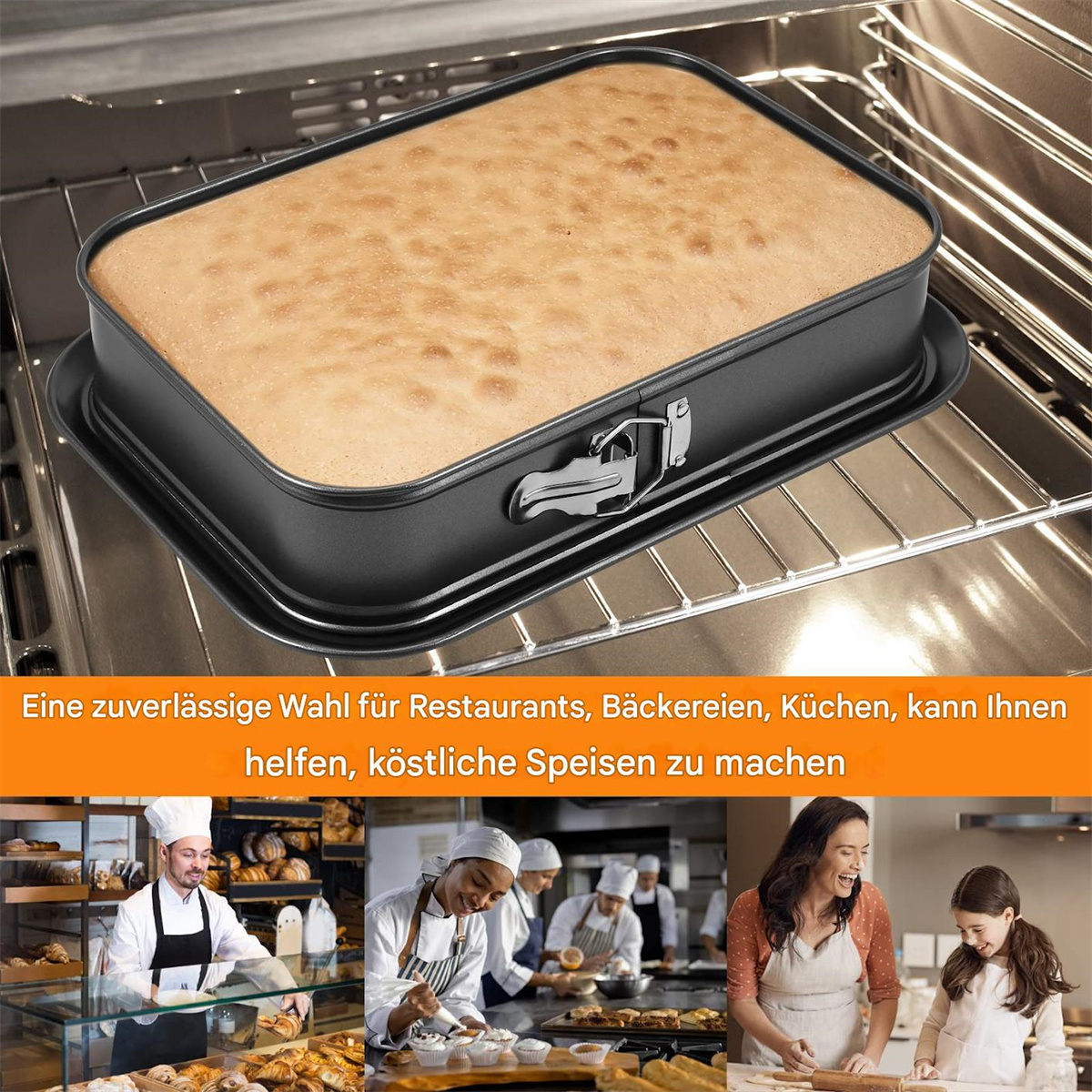 Kuchen in einer Backform, im Ofen. Text: Eine zuverlässige Wahl für Restaurants, Bäckereien, Küchen...