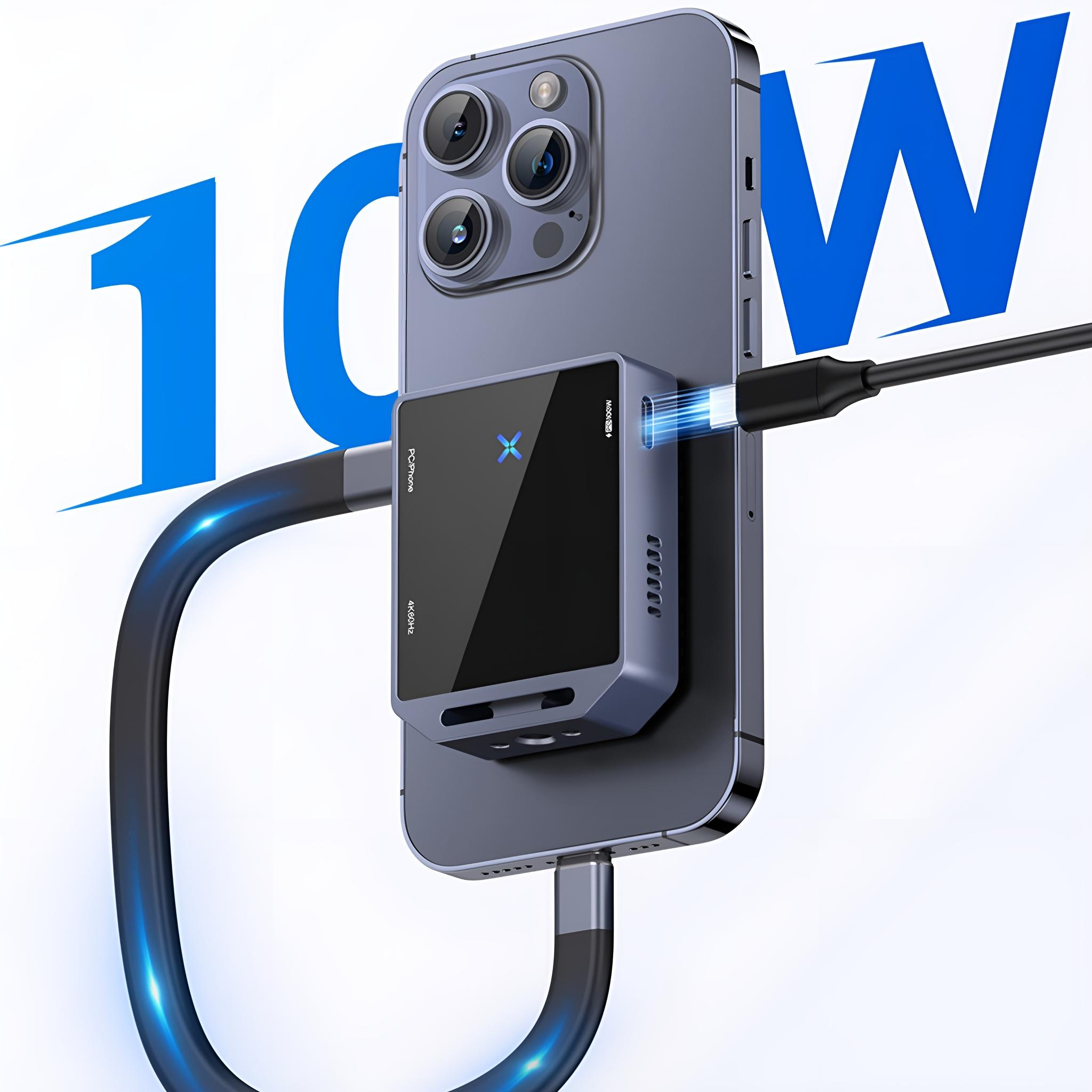 Ein Telefon, das mit einem Ladegerät verbunden ist. Das Telefon ist grau und hat drei Kameras.