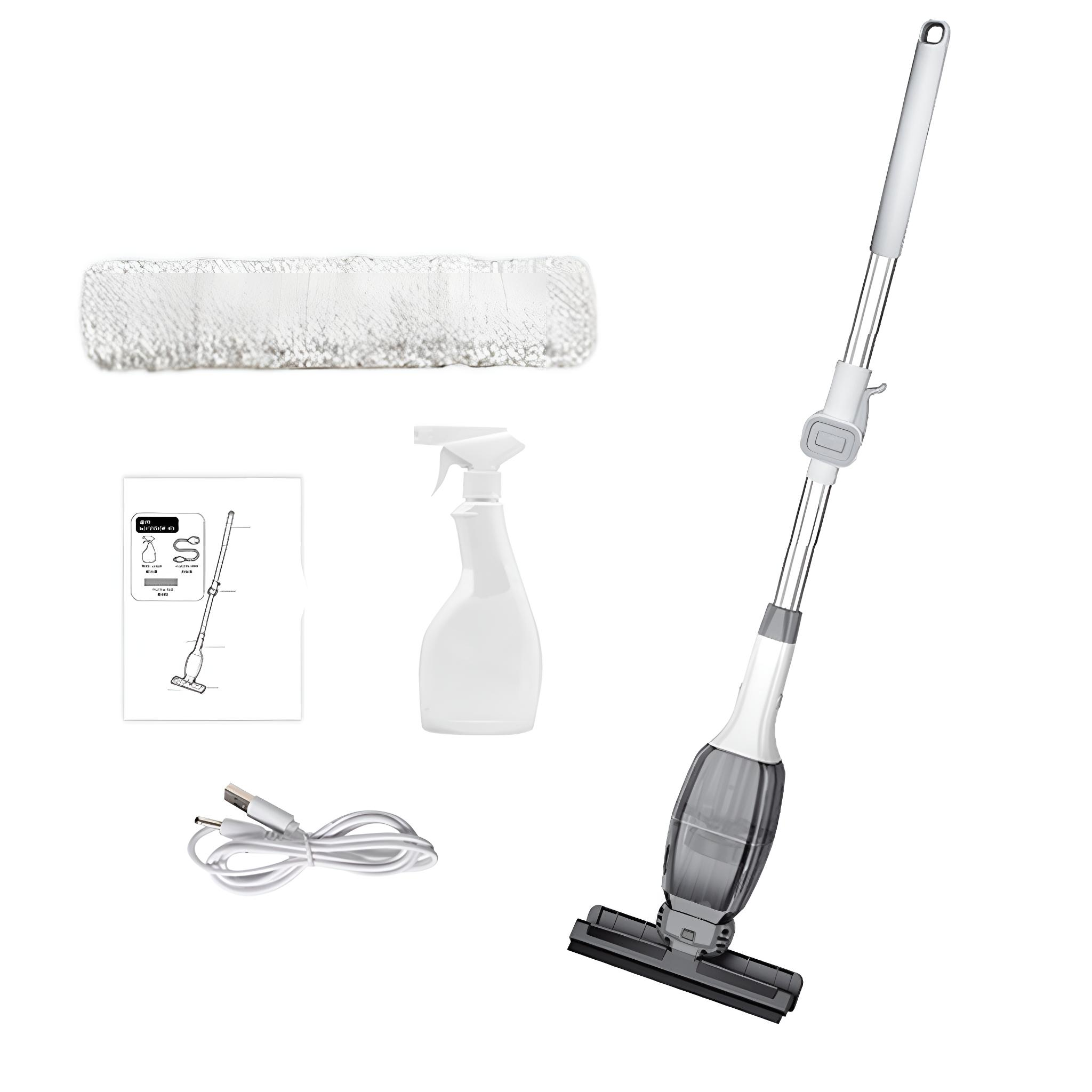 Ein weißes Sprühwisch-Set. Enthält Wischerkopf, Sprühflasche, Bedienungsanleitung, Ladekabel und den Wischer selbst.