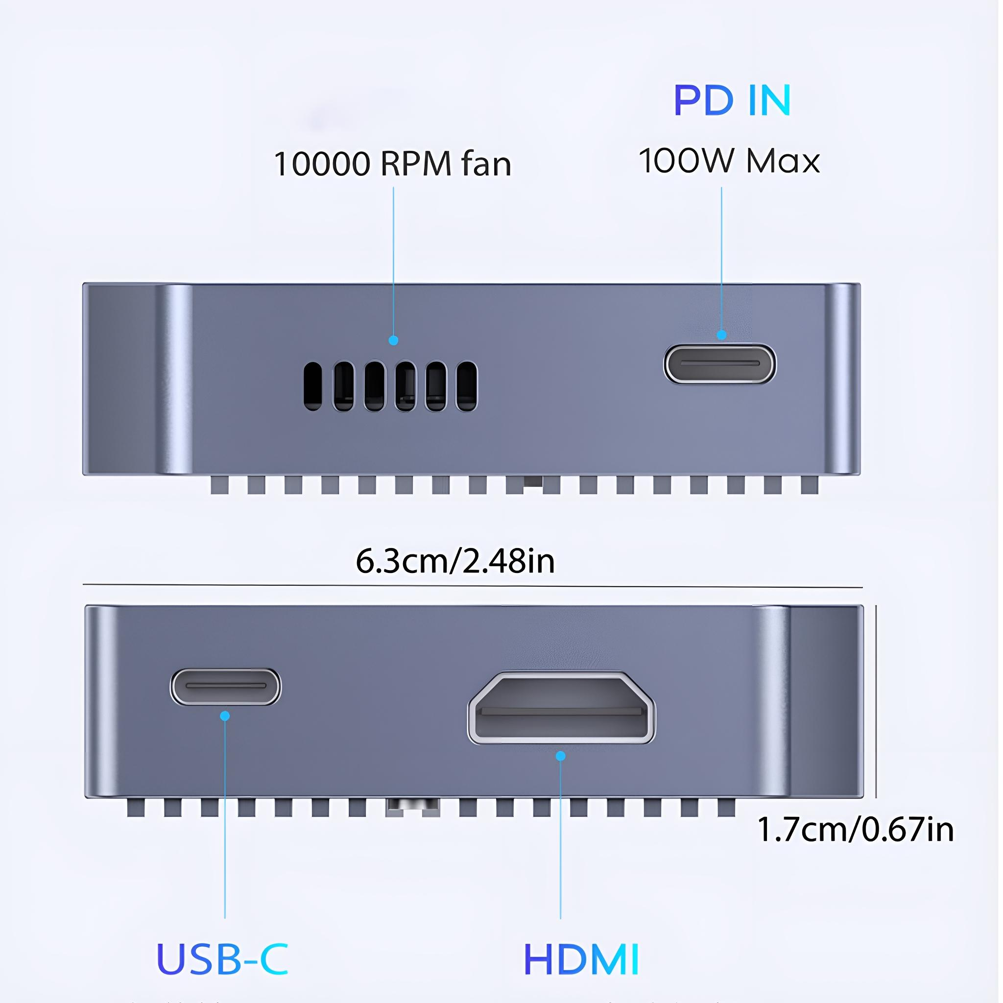 Graues Tech-Gerät mit Beschriftung: 10000 U/min Lüfter, PD IN, USB-C, HDMI, 6,3 cm/2,48 Zoll, 1,7 cm/0,67 Zoll.