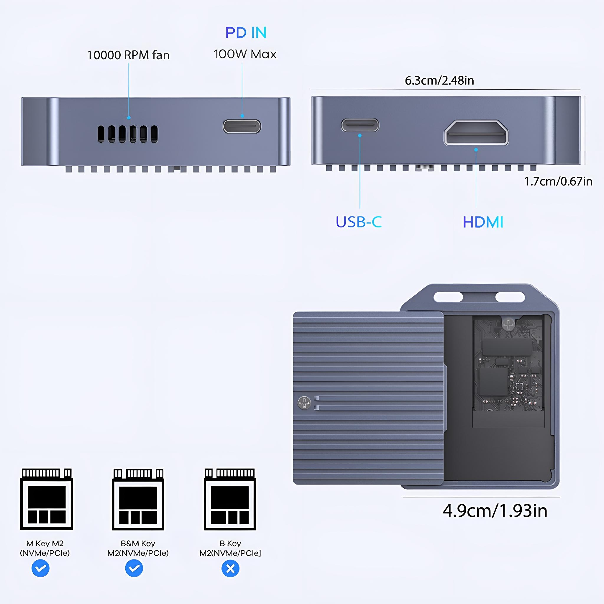 Graues Tech-Gerät mit Beschriftung: 10000 U/min Lüfter, PD IN, USB-C, HDMI, M.2, B&M Key, B Key, Abmessungen.