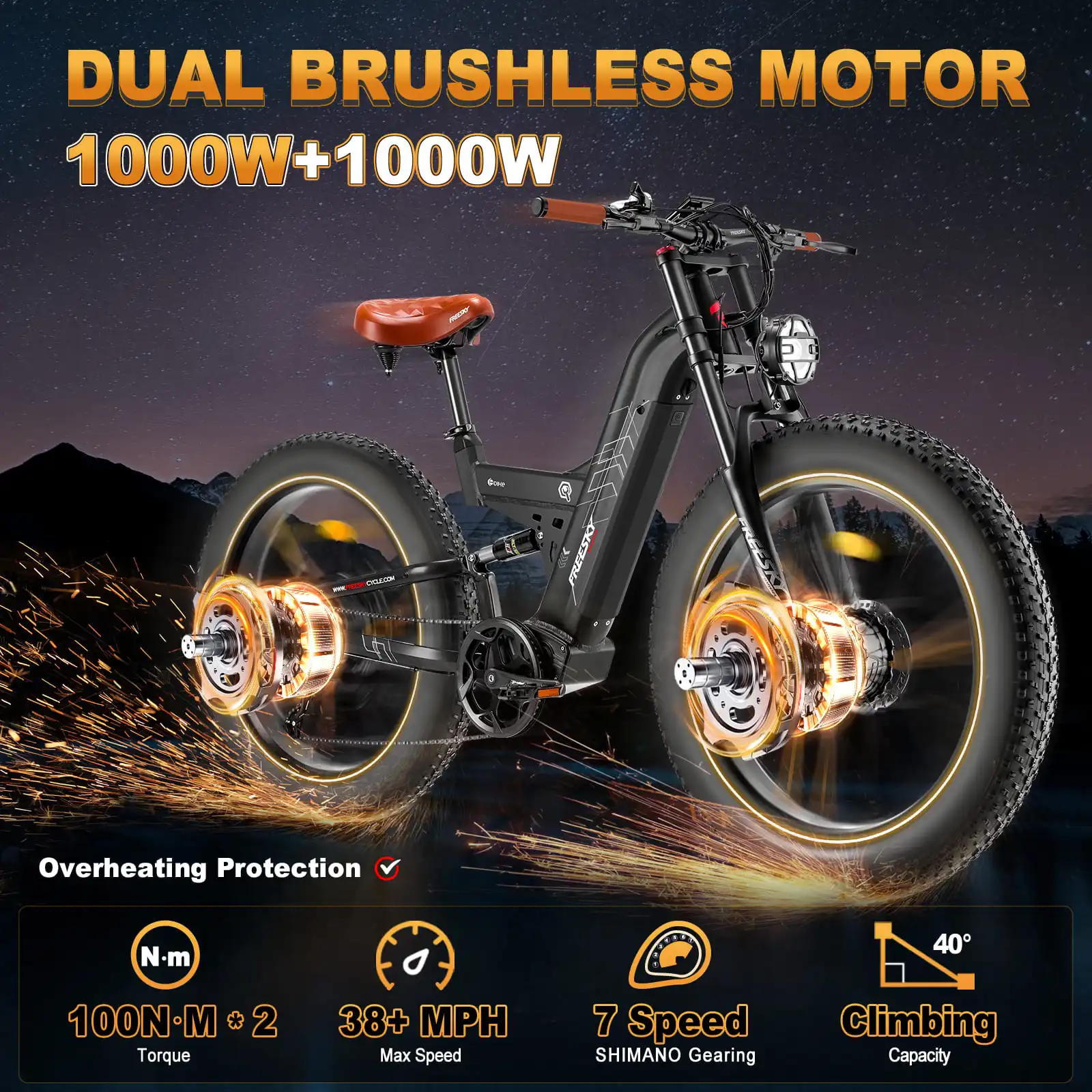 Ein schwarzes Elektrofahrrad mit einem dualen bürstenlosen Motor und Text über seine Funktionen.