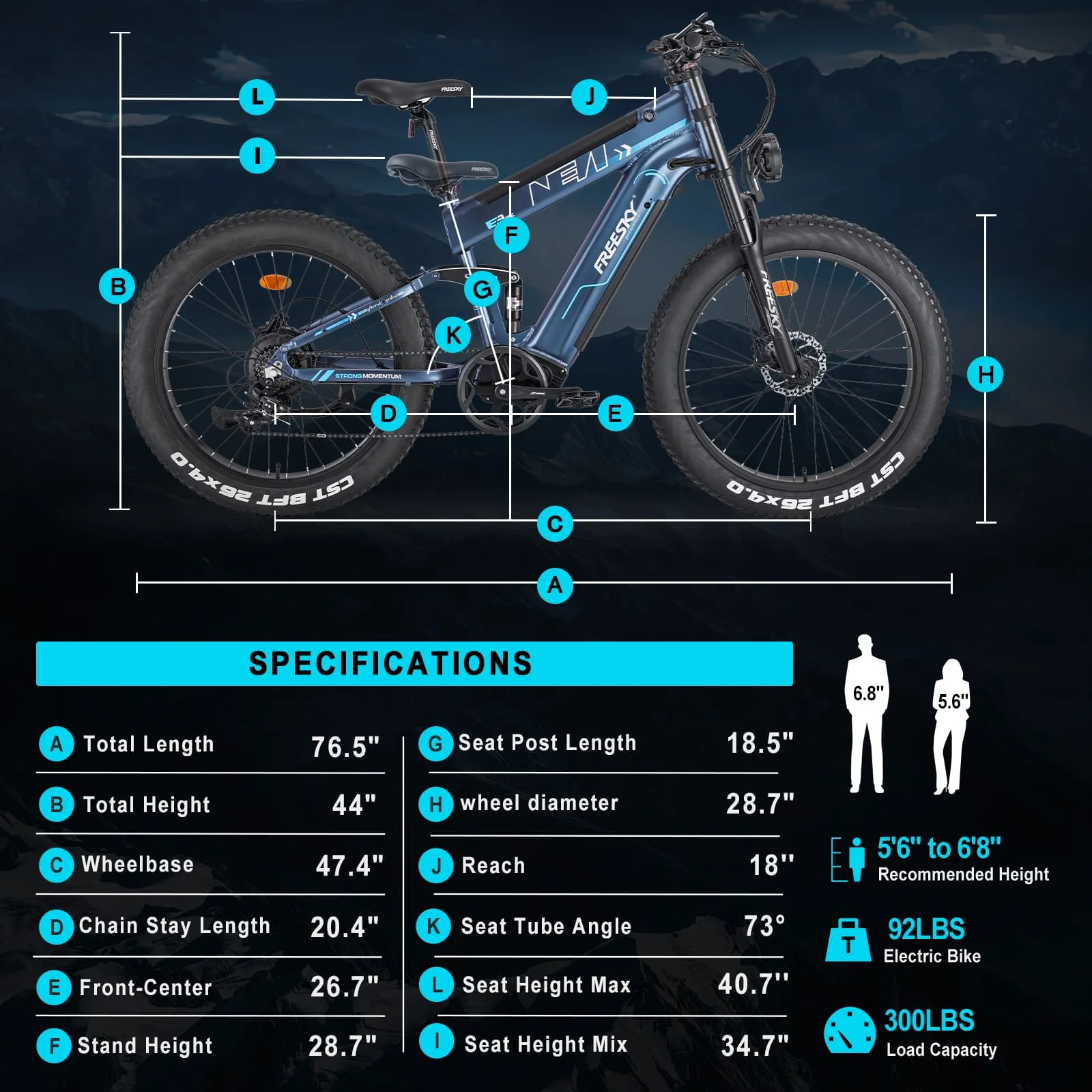 Blaues Elektrofahrrad mit Spezifikationen, einschließlich Gesamtlänge, Radstand und Höhe.