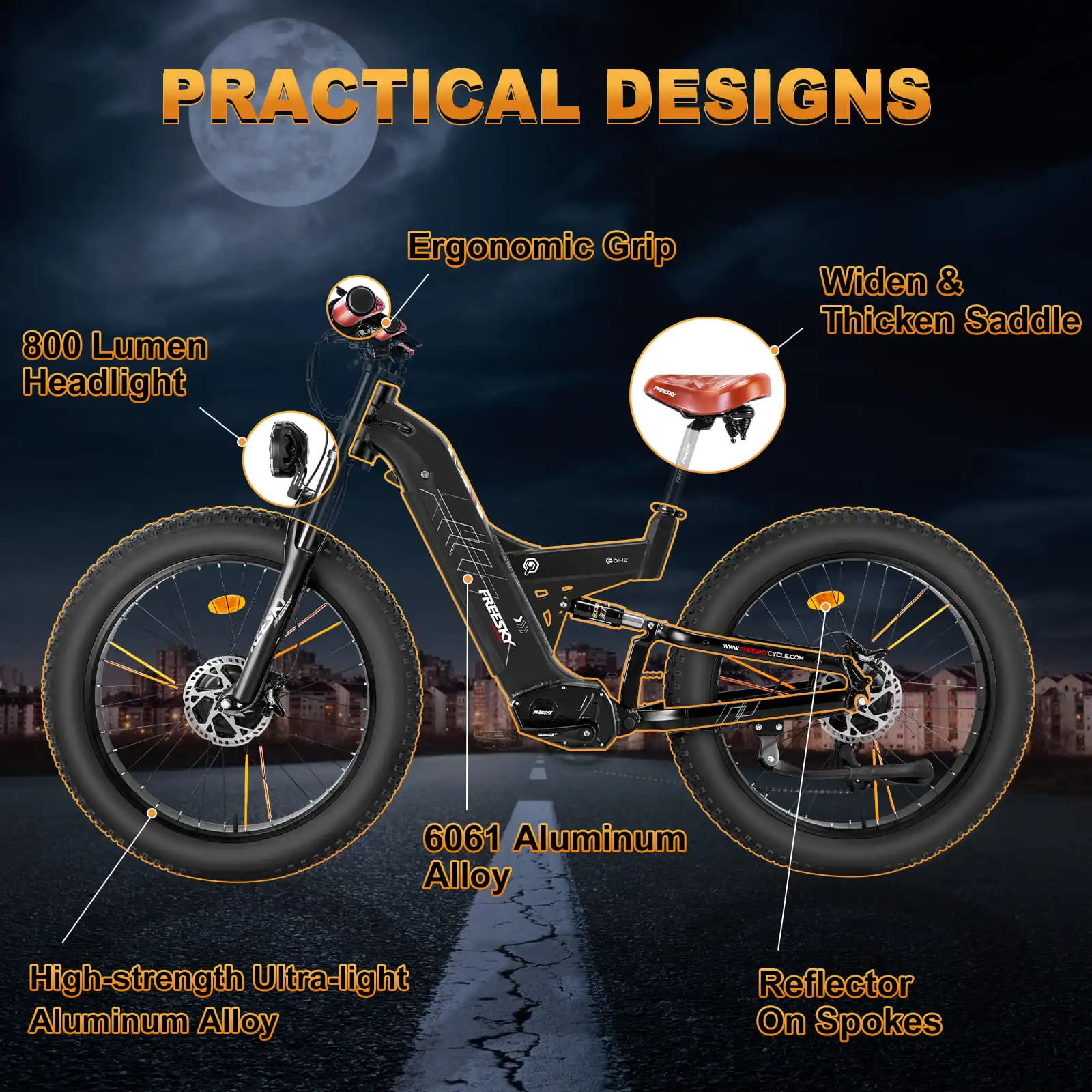 Ein schwarzes Elektrofahrrad mit Etiketten. Das Fahrrad steht auf einem dunklen Hintergrund mit einem Mond im Hintergrund.