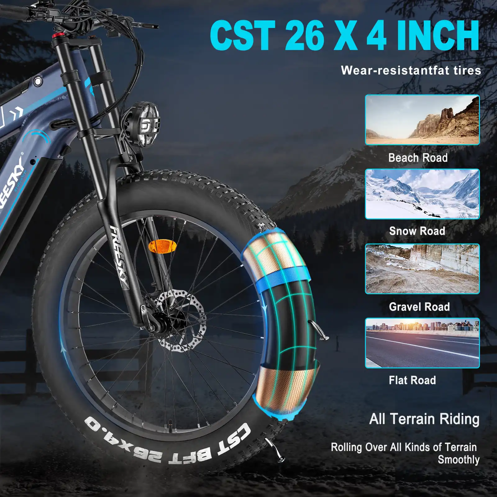 Fatbike mit Bildern von Geländearten: Strand, Schnee, Schotter und flache Straße.